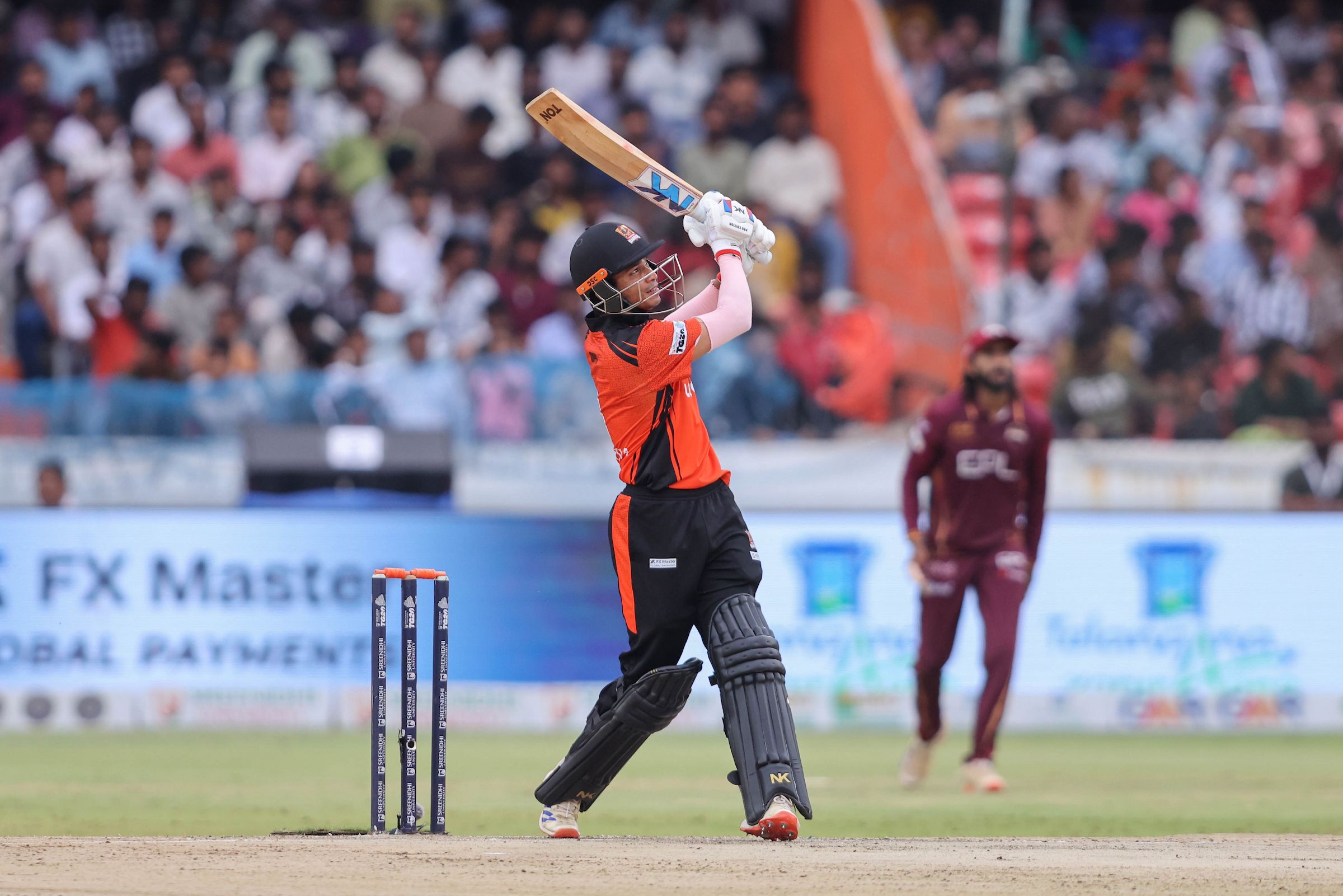Rishiket Sisodia of Warangal Warriors plays a shot during the Match 14 of the Sreenidhi University TG20 between Warangal Warriors and EIPL and Eleve Karimnagar Diamonds at Rajiv Gandhi International Stadium