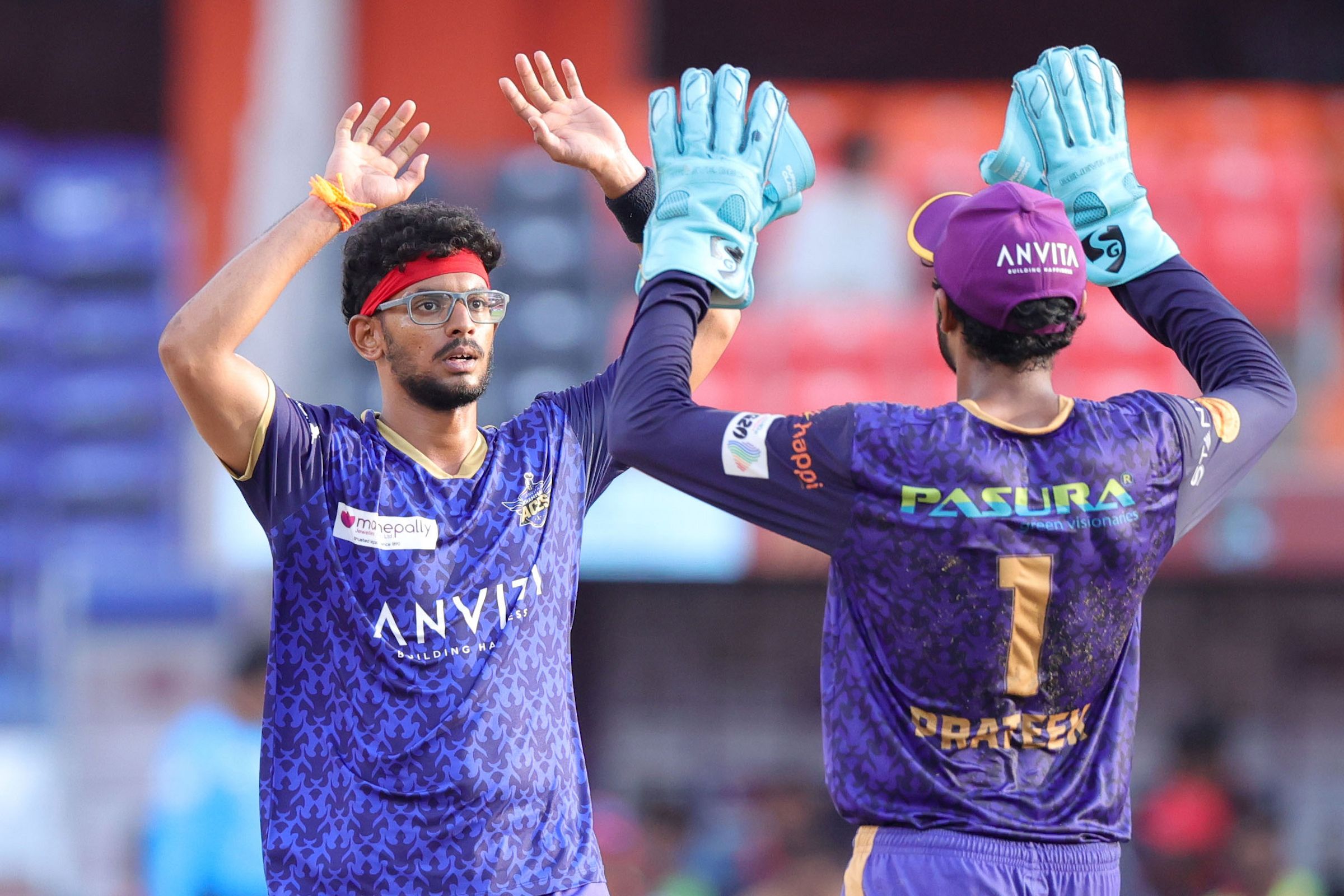 Harshith Sai of Anvita Khammam Aces and Ananth Prateek Reddy of Anvita Khammam Aces celebrates the wicket of Sashanth Budthi of Medak Falcons