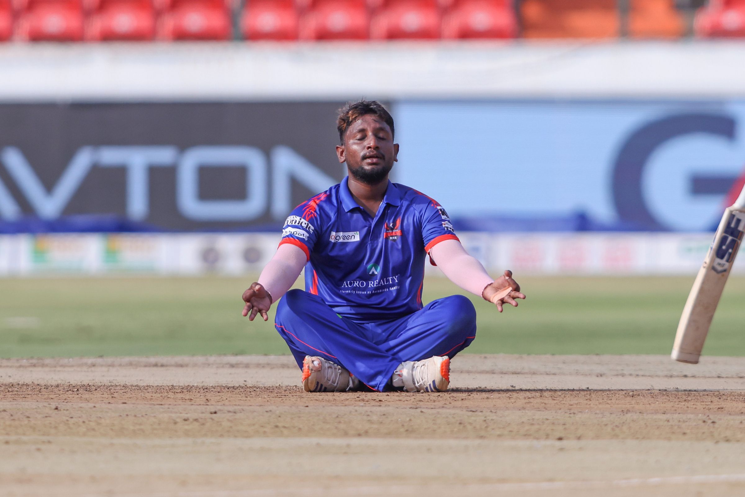 T Arun Kumar of Ranga Reddy Risers celebrates the wicket of Shanmukha Ashwin of Hyderabad E-Champions during the Match 8 of the Sreenidhi University TG20 between Hyderabad E-Champions and Ranga Reddy Risers