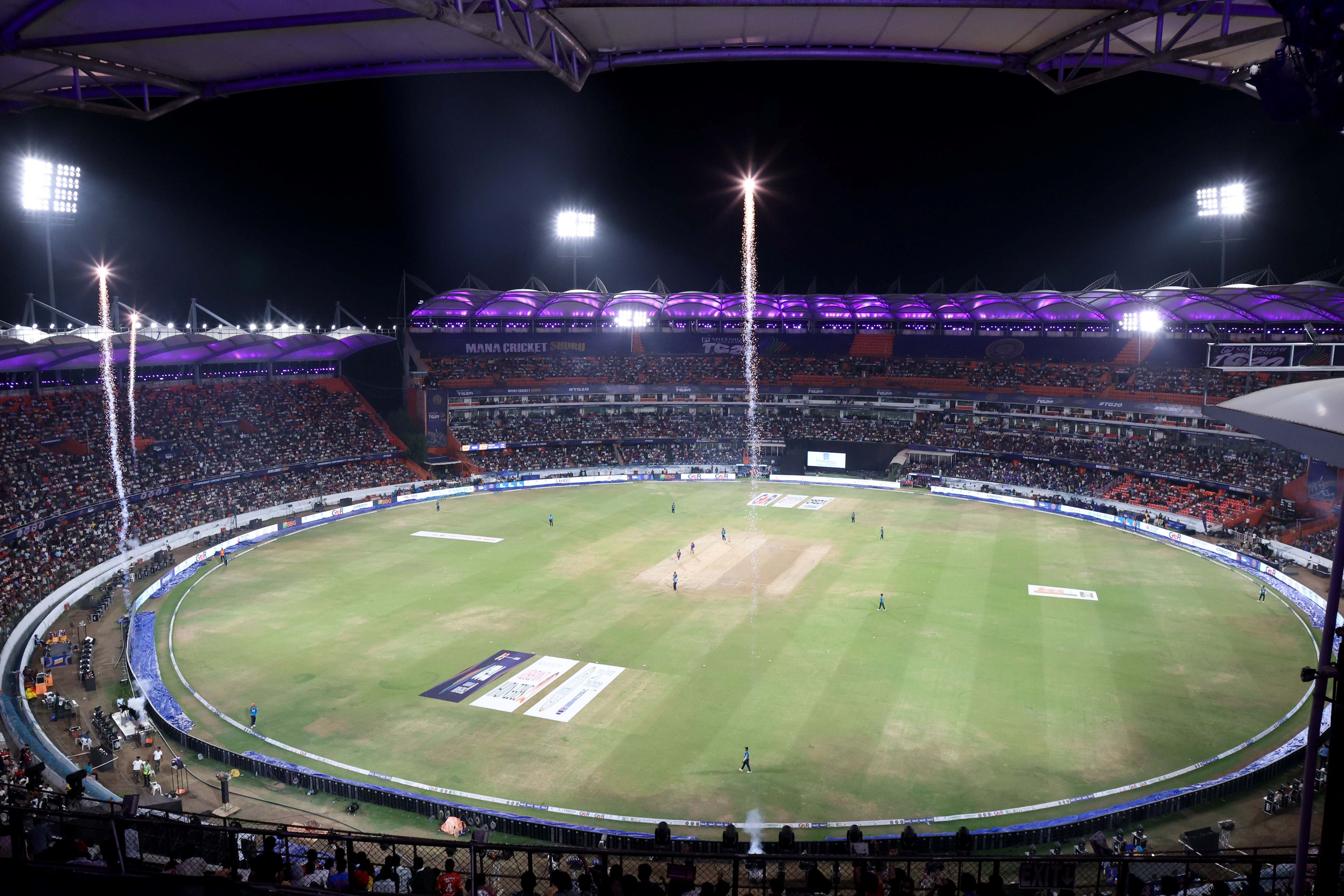General view of the stadium during the Final of the Sreenidhi University TG20 between Anvita Khammam Aces and Hyderabad E-Champions at the Rajiv Gandhi International Stadium in Hyderabad