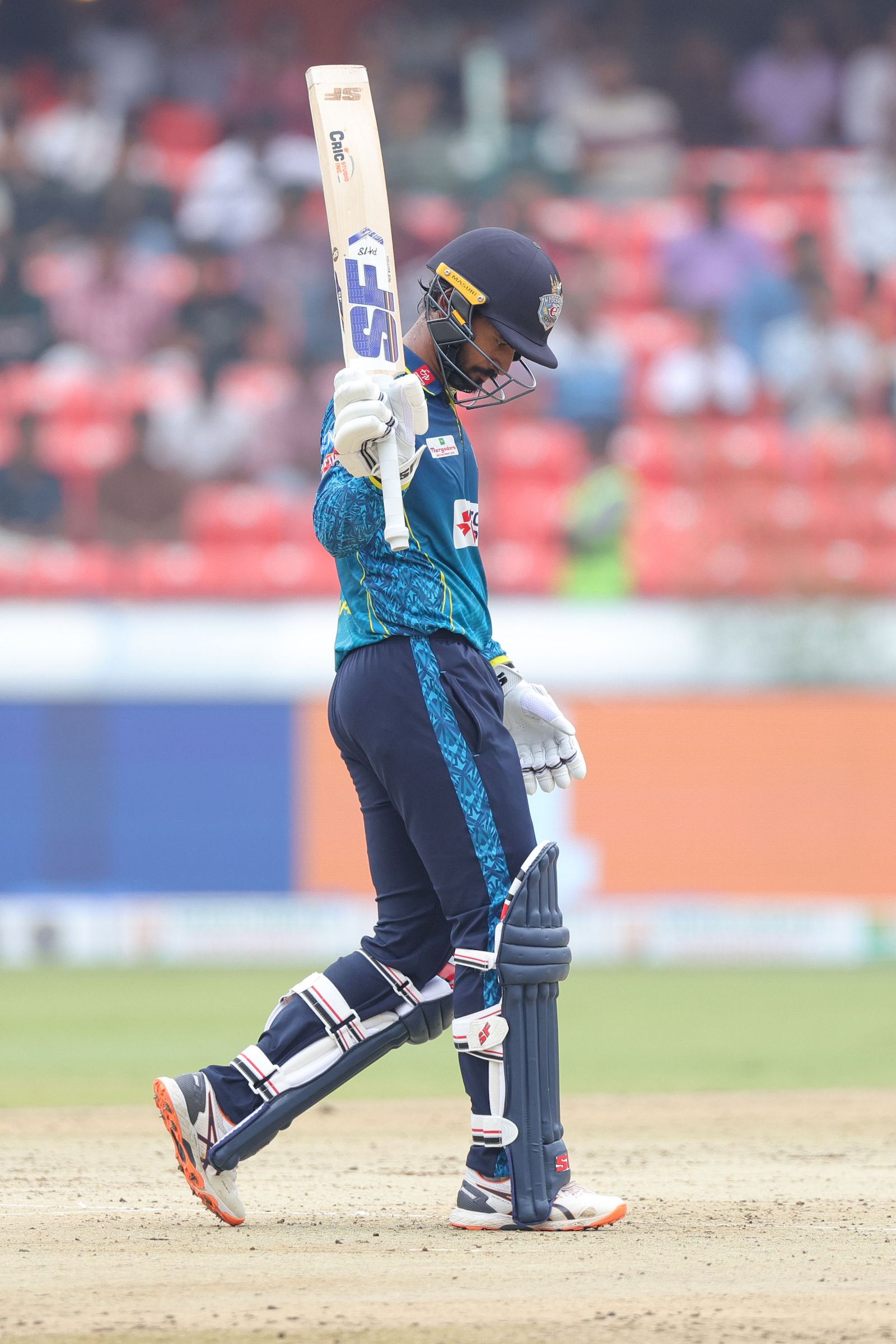 Abhirath Reddy, Captain Hyderabad E-Champions raises his bat after scoring a fifty during the Match 12 of the Sreenidhi University TG20 between Medak Falcons and Hyderabad E-Champions