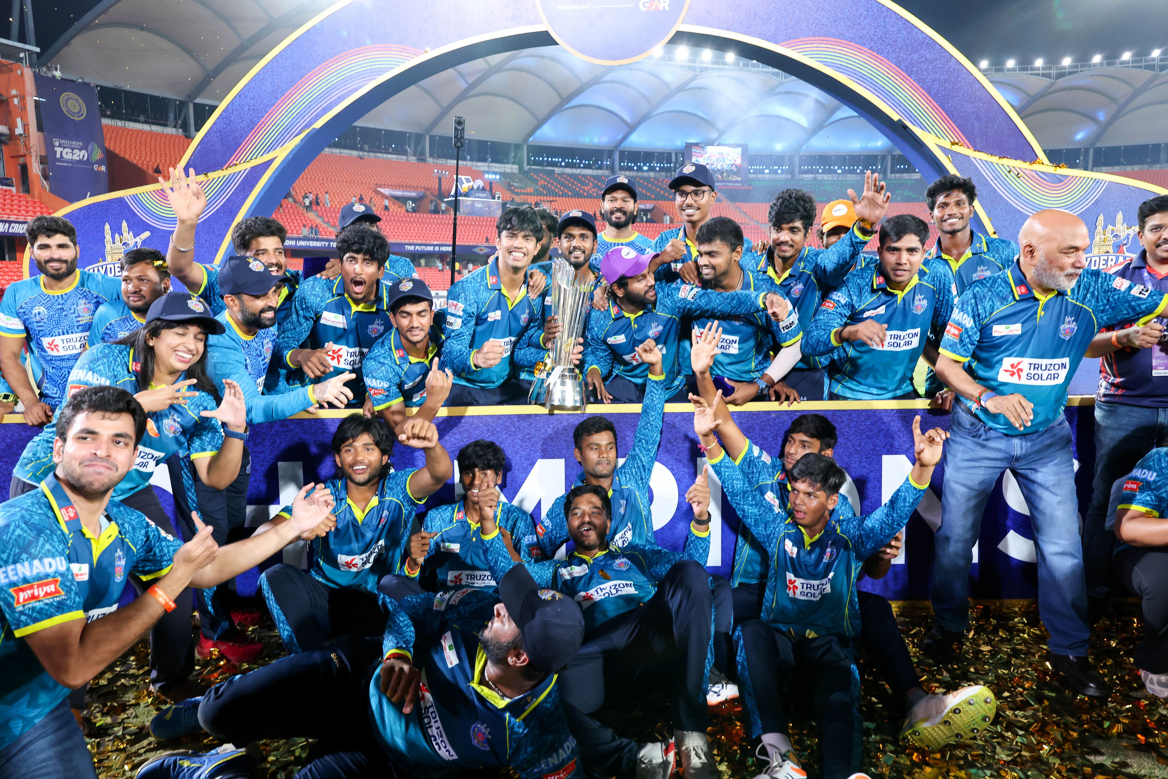 Hyderabad E-Champions players celebrates with the trophy during the presentation ceremony of the Final of the Sreenidhi University TG20