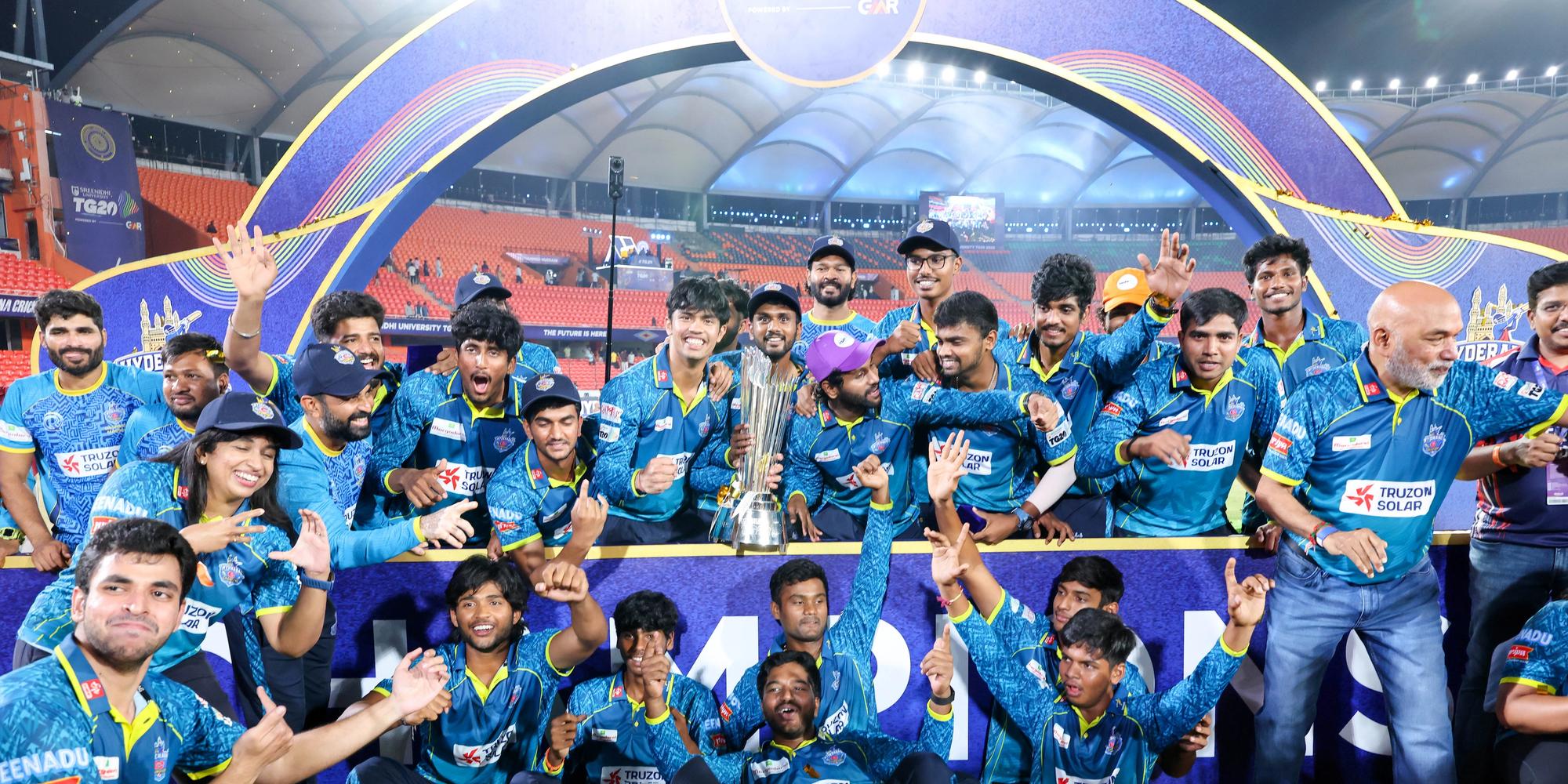 Hyderabad E-Champions players celebrates with the trophy during the presentation ceremony of the Final of the Sreenidhi University TG20