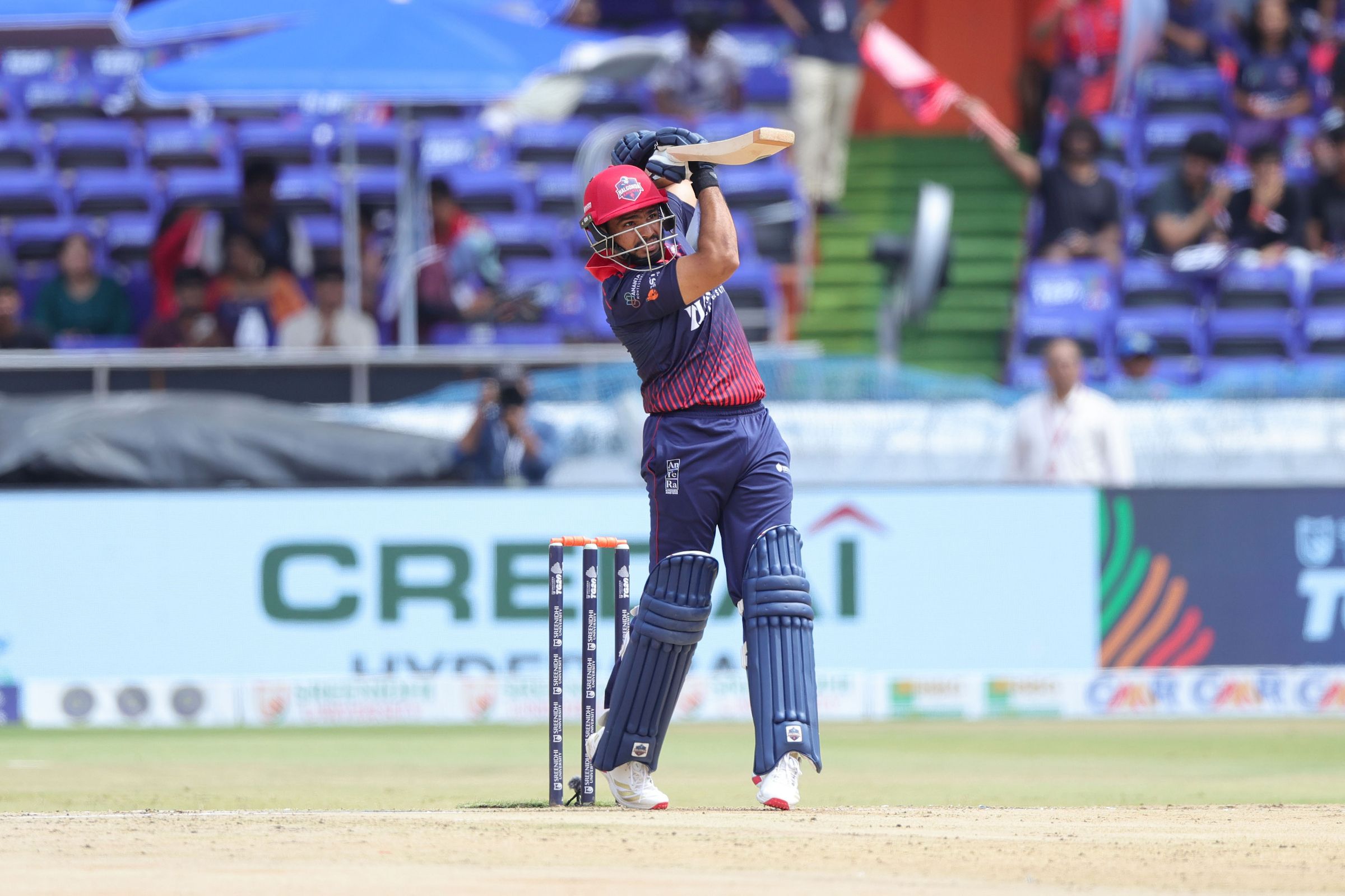 Nitish Reddy of Anurag Nalgonda Knights plays a shot during the Match 10 of the Sreenidhi University TG20 between Anurag Nalgonda Knights and Warangal Warriors