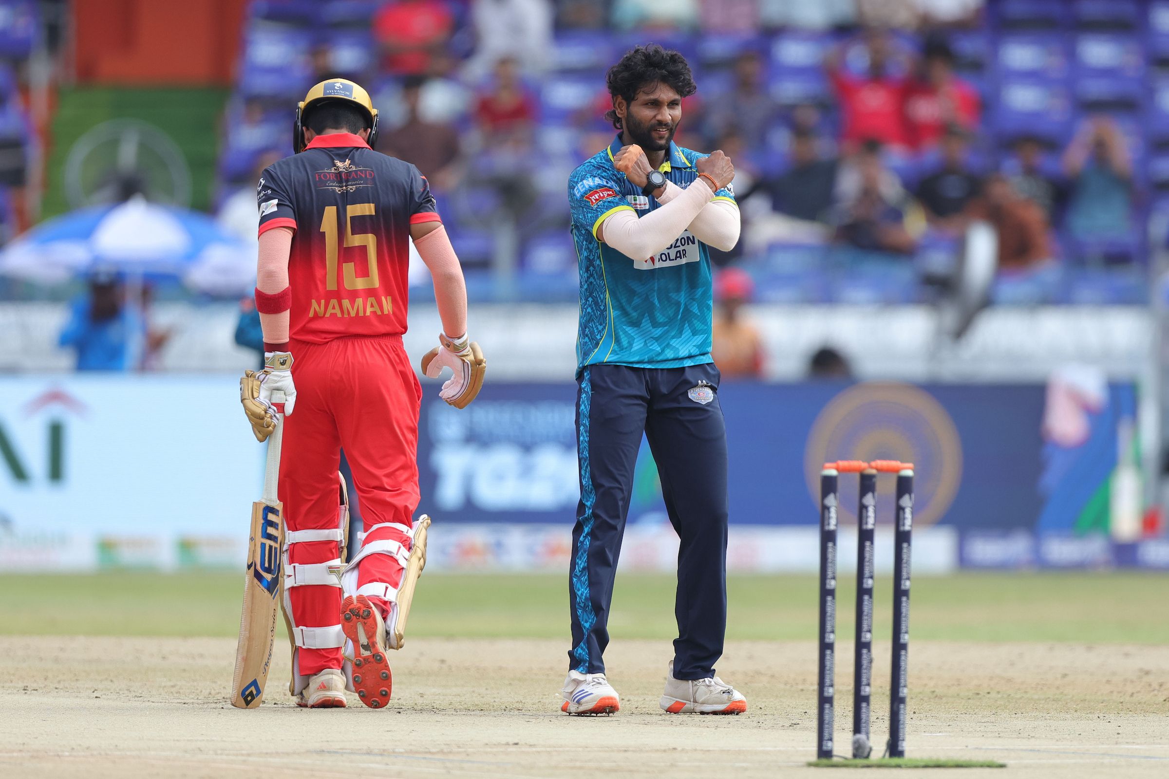 Ajay Dev Goud of Hyderabad E-Champions celebrates the wicket of Naman Agarwal of Medak Falcons during the Match 12 