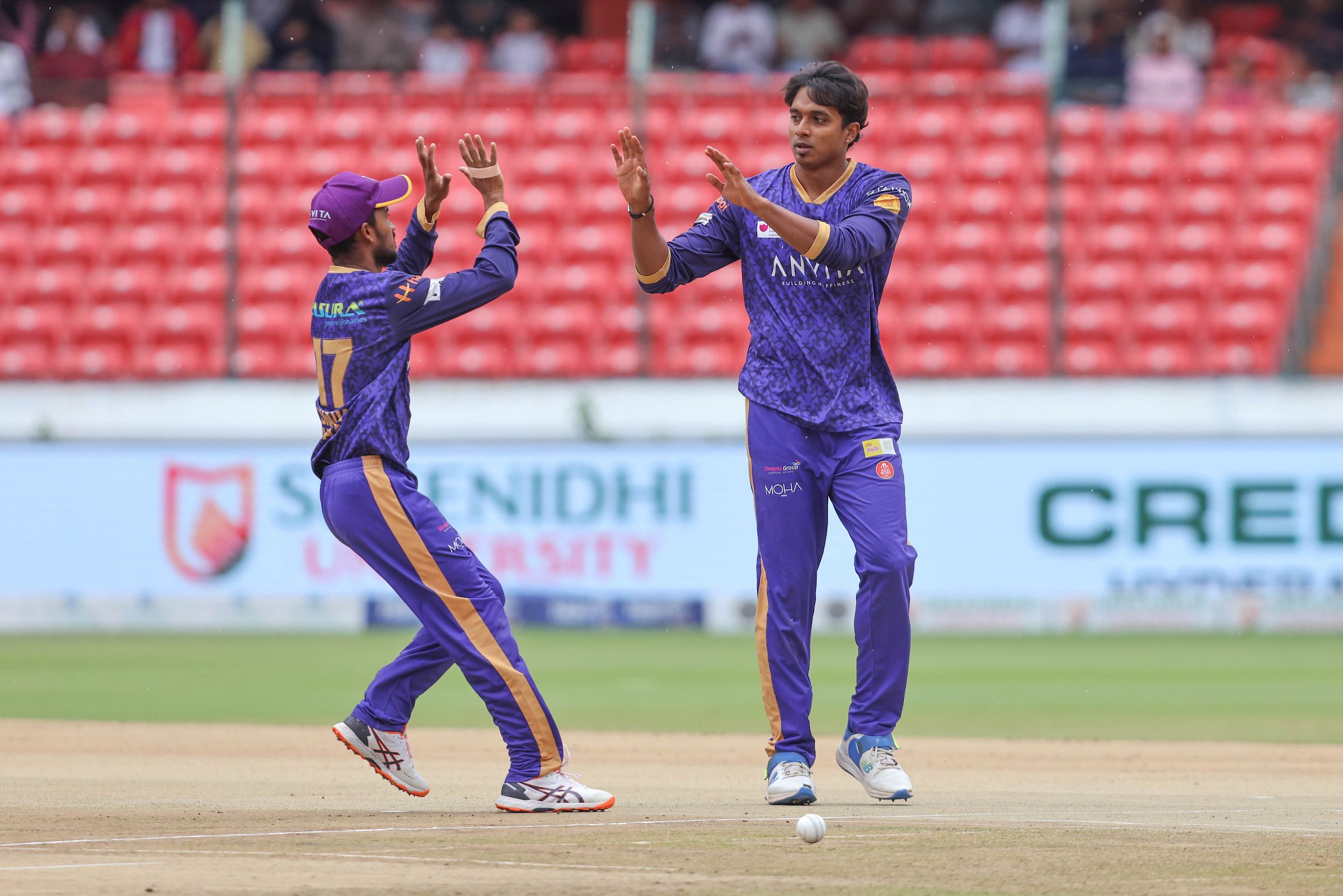 CV Milind, Captain of Anvita Khammam Aces celebrates the wicket of Aaron George Varghese of Ranga Reddy Risers during the Match 23 of the Sreenidhi University TG20 between Anvita Khammam Aces and Ranga Reddy Risers