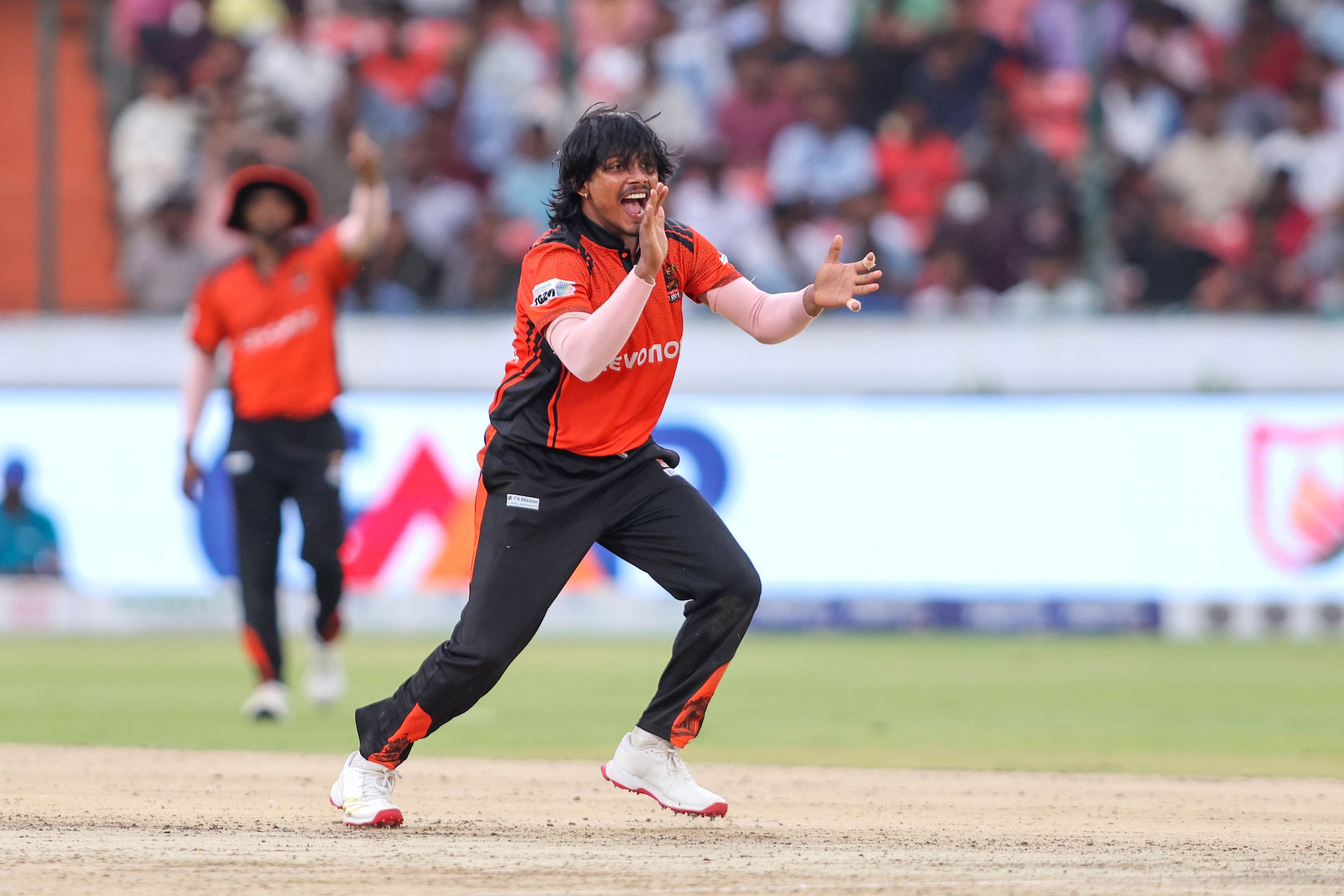 Adi Mani Kiran of Warangal Warriors celebrates the wicket of Tanmay Agarwal, Captain of EIPL and Eleve Karimnagar Diamonds during the Match 14 of the Sreenidhi University TG20