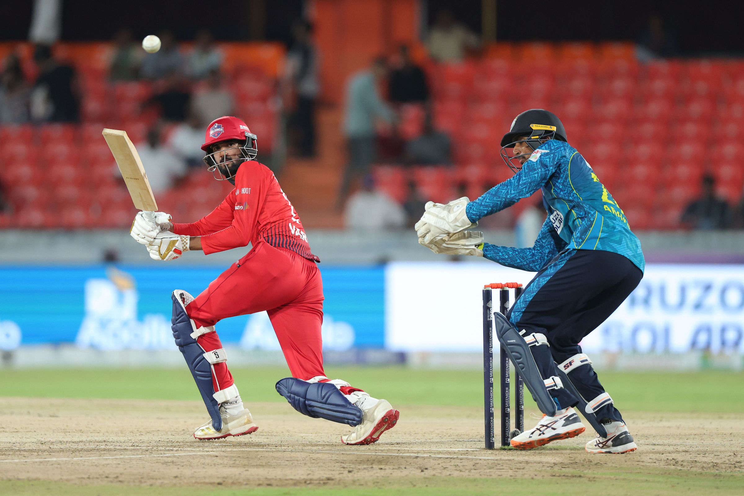 Aelgani Varun Goud of Anurag Nalgonda Knights plays a shot during the Match 26 of the Sreenidhi University TG20 between Anurag Nalgonda Knights and Hyderabad E-Champions