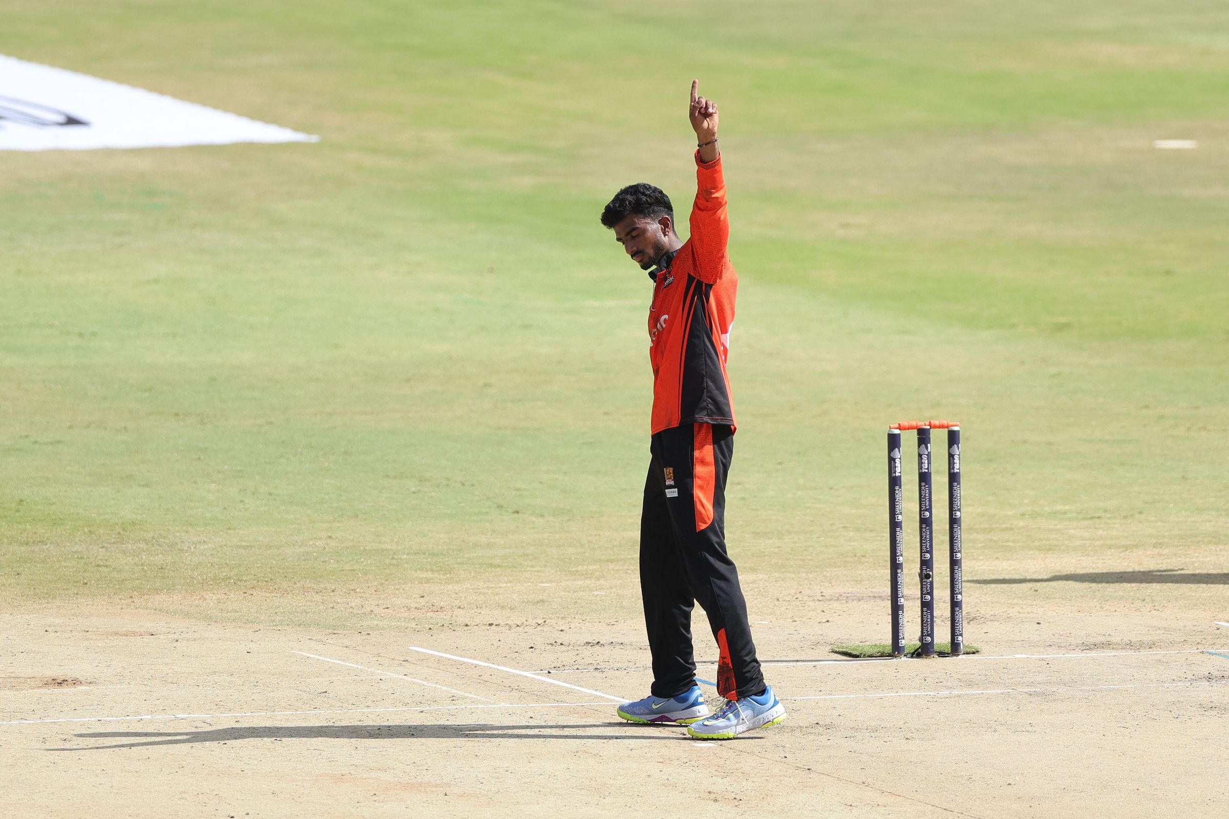 Murugan Abhishek of Warangal Warriors celebrates the wicket of Mickil Jaiswal of Anvita Khammam Aces during Match 6 of the Sreenidhi University TG20 between Anvita Khammam Aces and Warangal Warriors