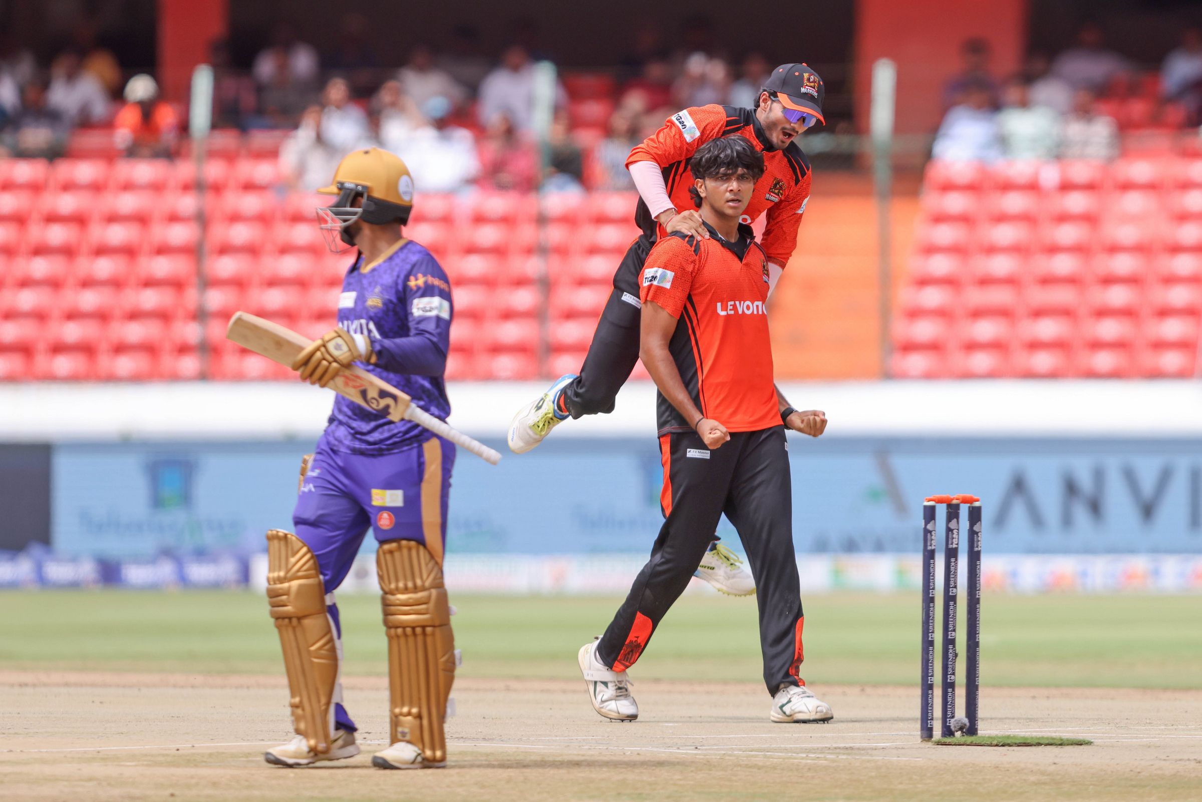 Mohammed Abdul Malik of Warangal Warriors celebrates the wicket of Wafi Kachchhi of Anvita Khammam Aces during the Match 6 of the Sreenidhi University TG20 between Anvita Khammam Aces and Warangal Warriors