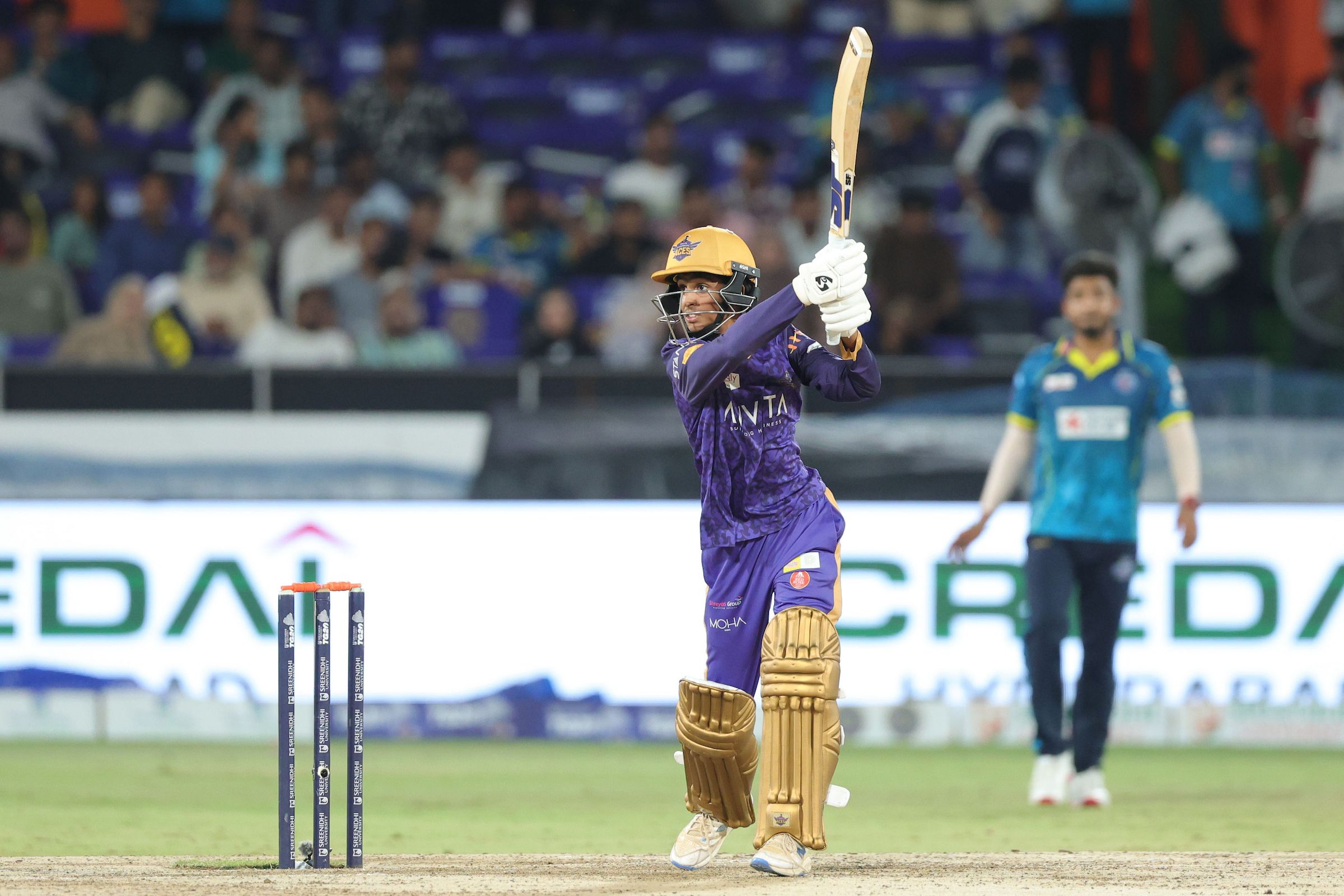 Ved Reddy Amisthapuram of Anvita Khammam Aces plays a shot during the Match 16 of the Sreenidhi University TG20 between Hyderabad E-Champions and Anvita Khammam Aces