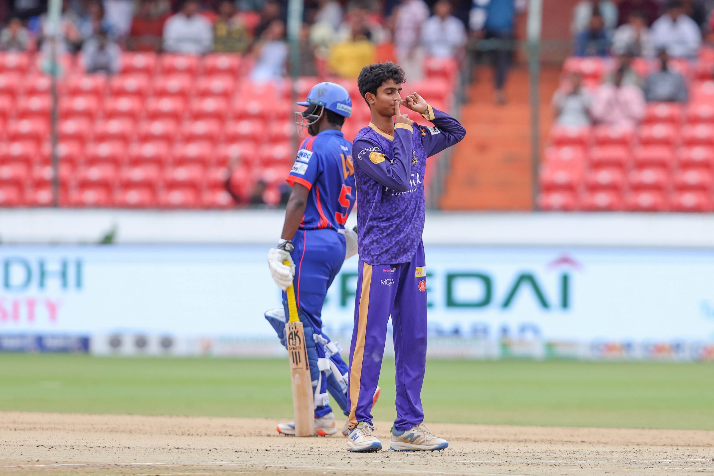 Ved Reddy of Anvita Khammam Aces celebrates the wicket of Gnana Prakash Reddy of Ranga Reddy Risers during the Match 23 of the Sreenidhi University TG20 between Anvita Khammam Aces and Ranga Reddy Risers