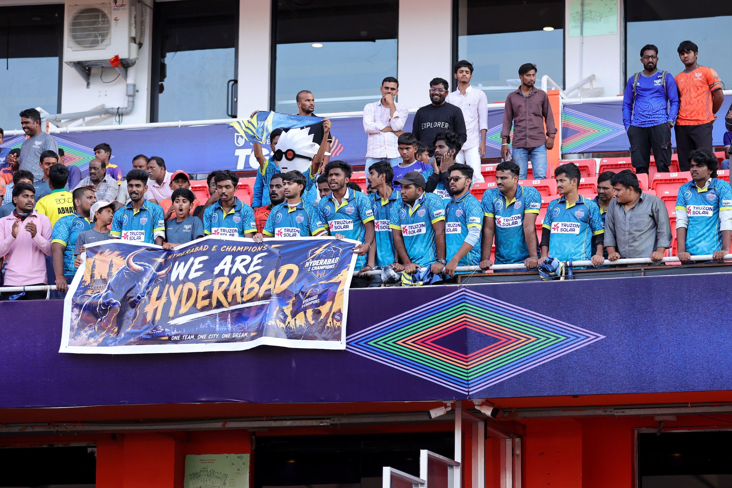 Hyderabad E-Champions fans during the Match 8 of the Sreenidhi University TG20 between Hyderabad E-Champions and Ranga Reddy Risers at Rajiv Gandhi International Stadium