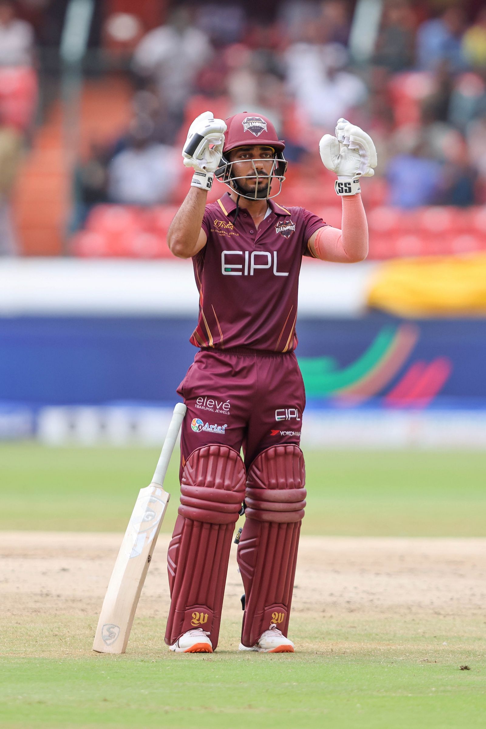 Tanmay Agarwal, Captain of EIPL and Eleve Karimnagar Diamonds celebrates after scoring a hundred during the Eliminator of the Sreenidhi University TG20