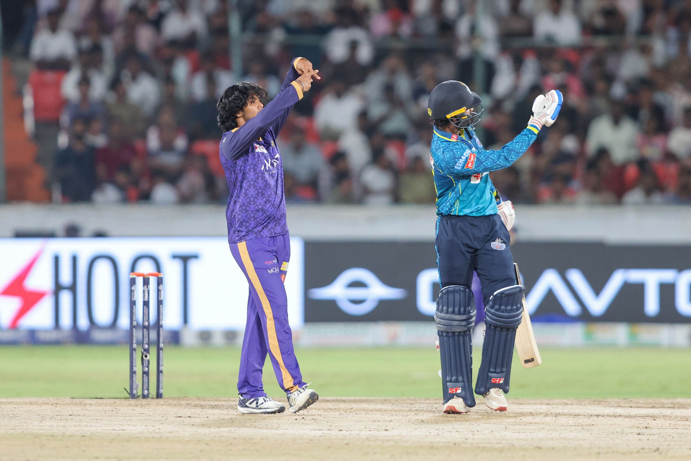 Sahendra Mallu celebrates the wicket of Ajay Dev Goud of Hyderabad E-Champions during the Match 16 of the Sreenidhi University TG20 between Hyderabad E-Champions and Anvita Khammam Aces