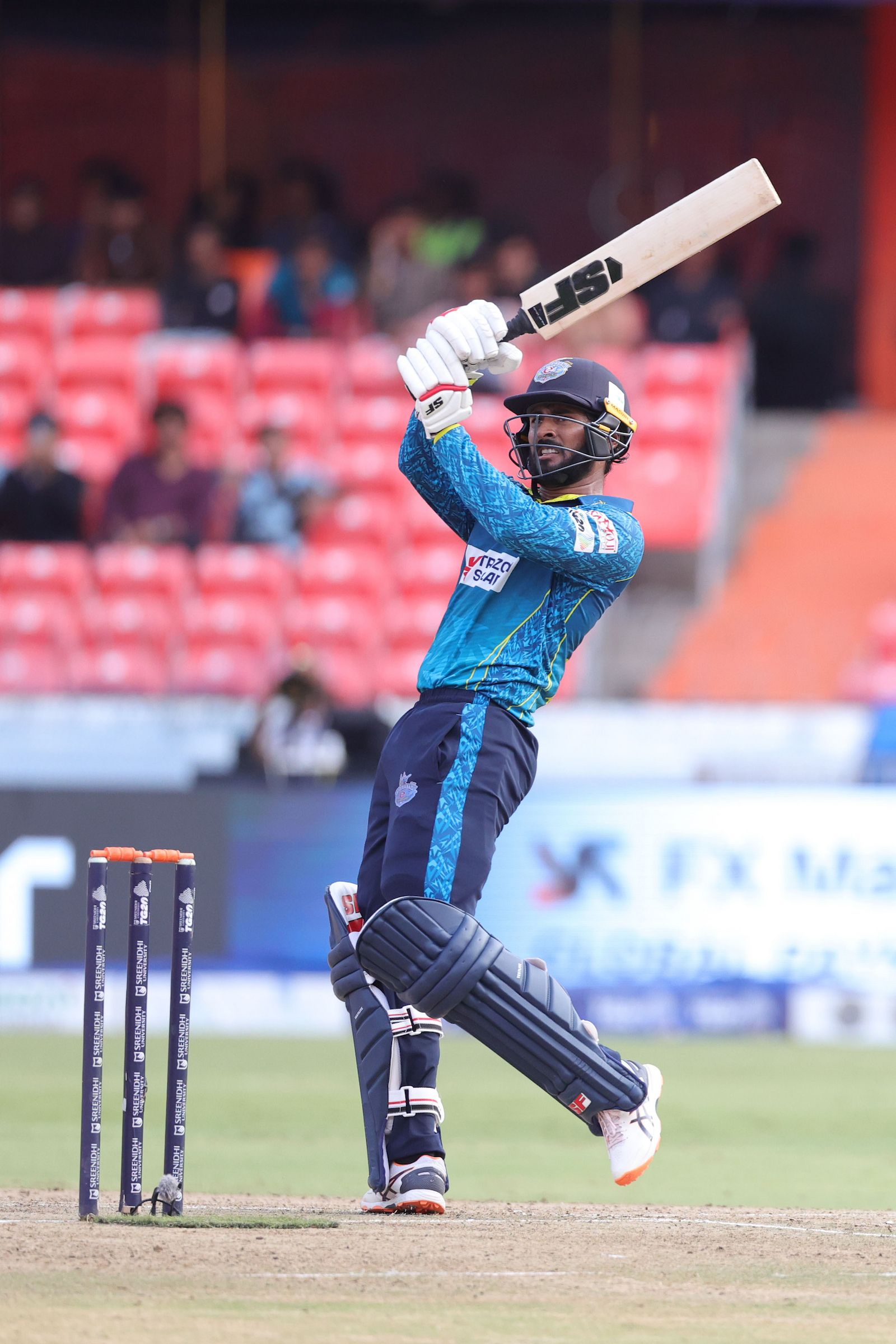 Abhirath Reddy, Captain of Hyderabad E-Champions plays a shot during the Match 18 of the Sreenidhi University TG20 between Warangal Warriors and Hyderabad E-Champions at Rajiv Gandhi International Stadium