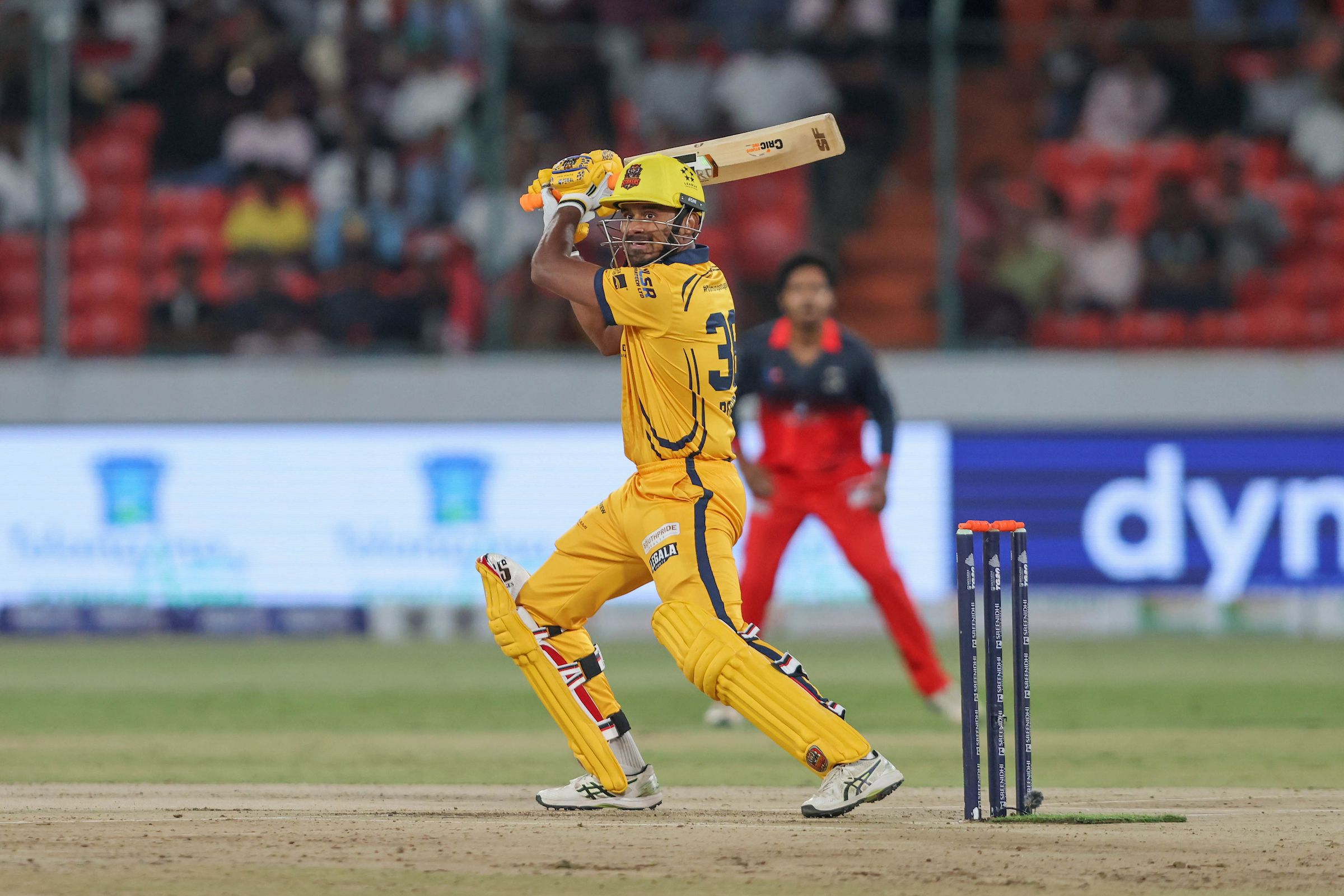 Rohit Rayudu Kolagani of Palamuru Strikers plays a shot during the Match 9 of the Sreenidhi University TG20 between Medak Falcons and Palamuru Strikers at Rajiv Gandhi International Stadium