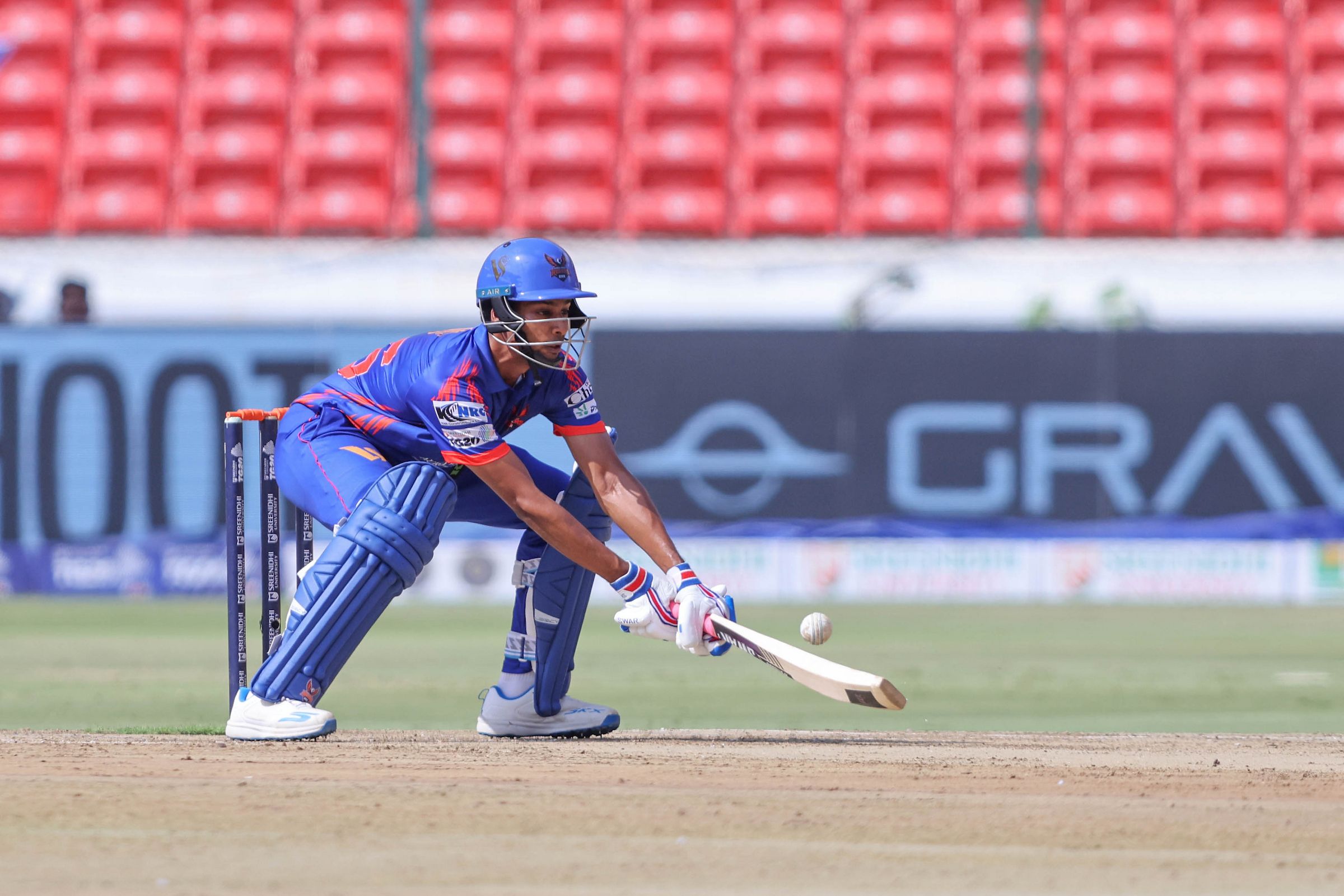 Tanay Thyagarajan, Captain of Ranga Reddy Risers plays a shot during the Match 8 of the Sreenidhi University TG20 between Hyderabad E-Champions and Ranga Reddy Risers at Rajiv Gandhi International Stadium