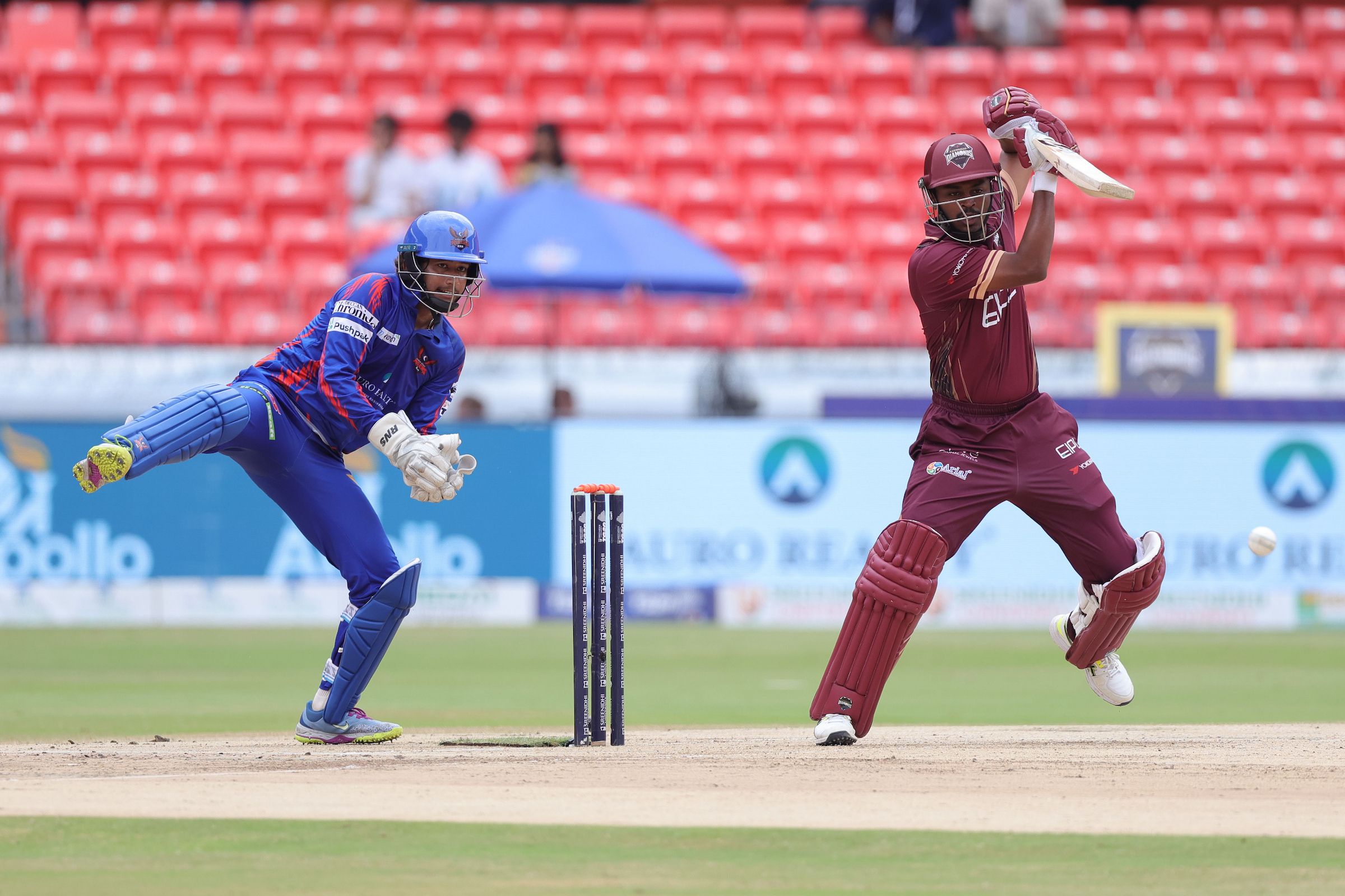 Hrishikesh Simha of EIPL and Eleve Karimnagar Diamonds plays a shot during the Eliminator of the Sreenidhi University TG20 between EIPL and Eleve Karimnagar Diamonds and Ranga Reddy Risers