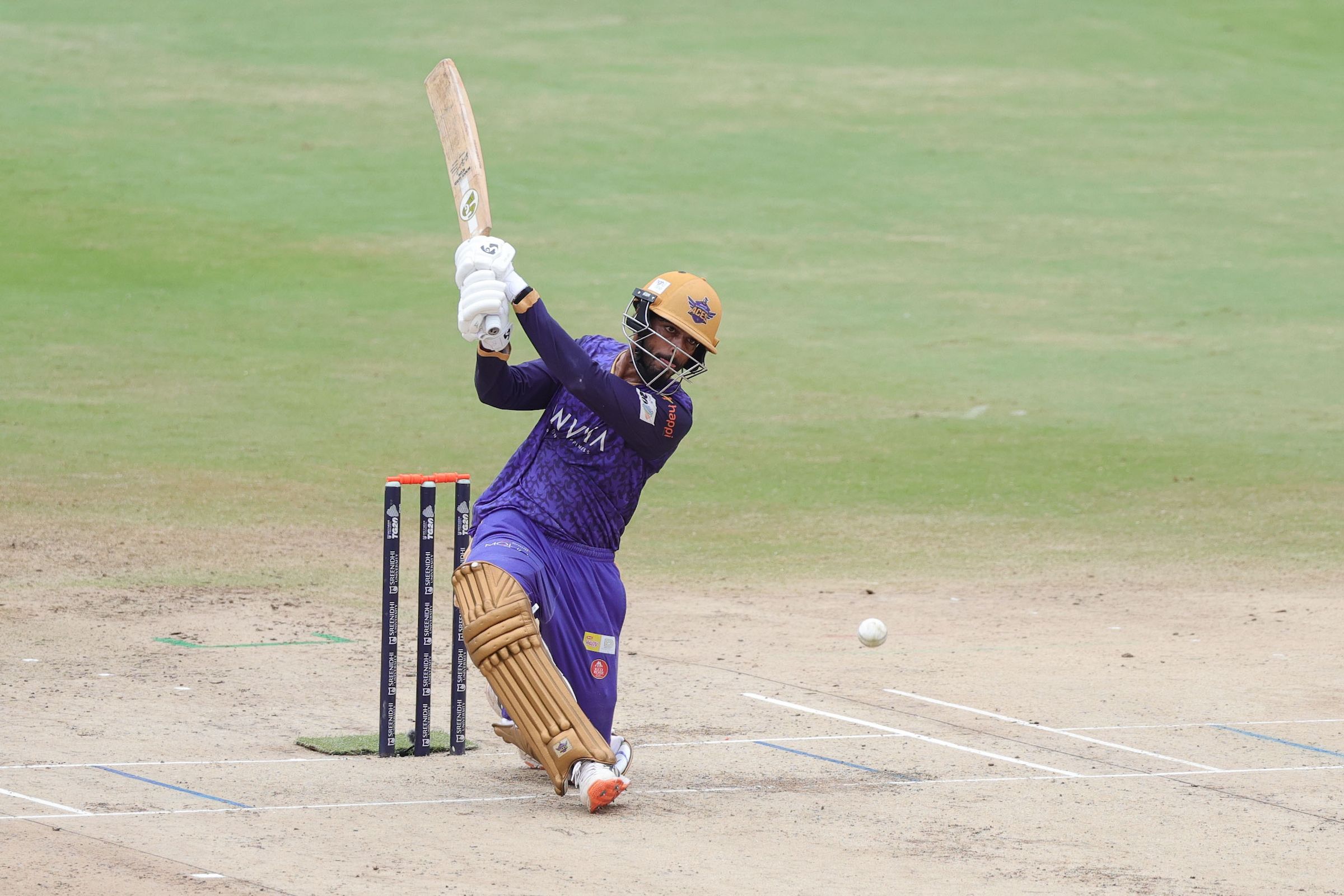 Prateek Reddy of Anvita Khammam Aces plays a shot during the Match 25 of the Sreenidhi University TG20 between Medak Falcons and Anvita Khammam Aces at Rajiv Gandhi International Stadium