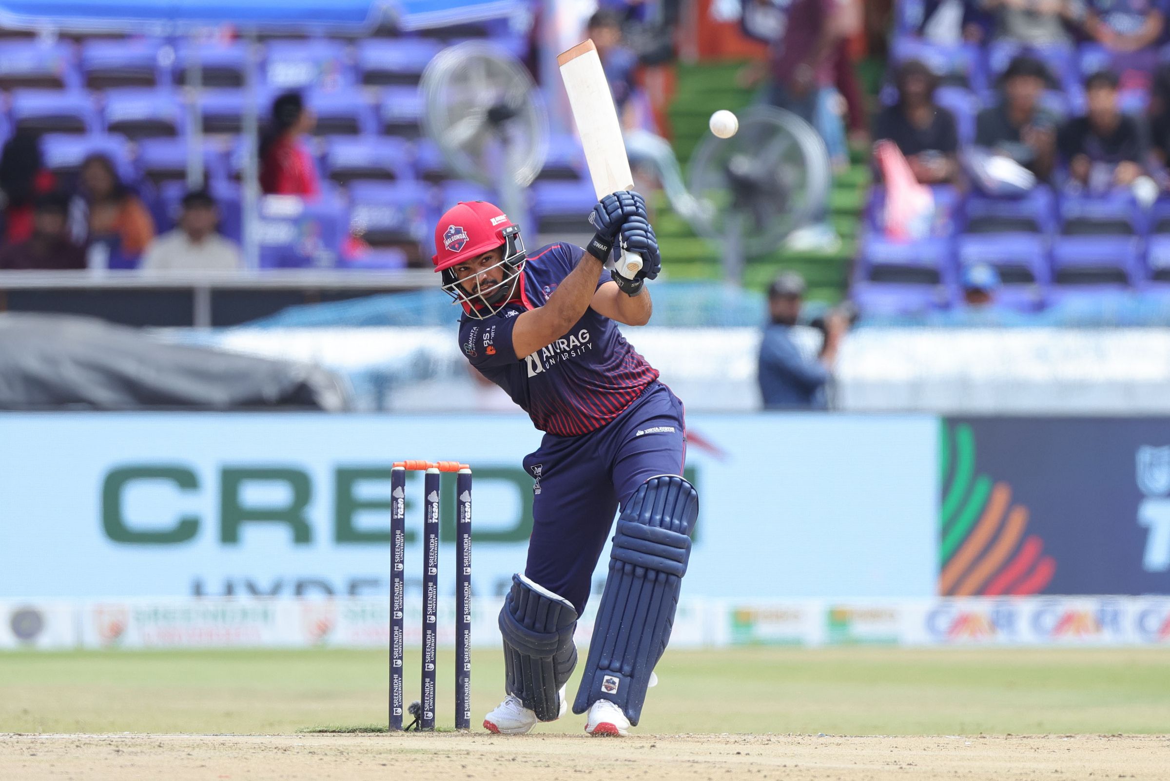Patkuri Nitish Reddy of Anurag Nalgonda Knights plays a shot during the Match 10 of the Sreenidhi University TG20 between Anurag Nalgonda Knights and Warangal Warriors