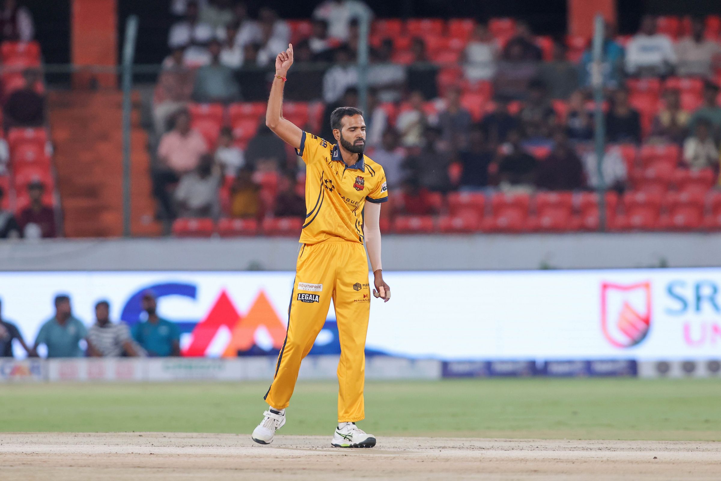 Ravi Kiran Majeti of Palamuru Strikers celebrates the wicket of Sai Purnanand Rao of Medak Falcons during the Match 9 of the Sreenidhi University TG20 between Medak Falcons and Palamuru Strikers