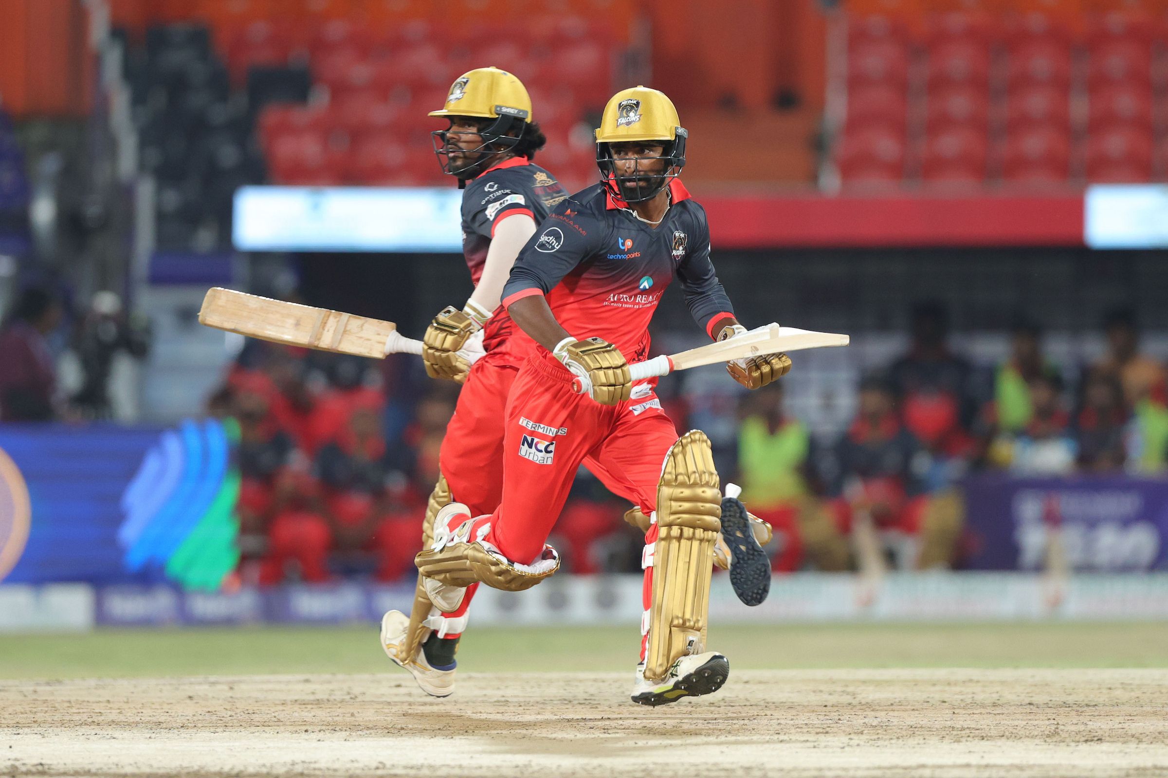 Vikram Naik of Medak Falcons and Sai Varun Yerram of Medak Falcons during the Match 9 of the Sreenidhi University TG20 between Medak Falcons and Palamuru Strikers at Rajiv Gandhi International Stadium