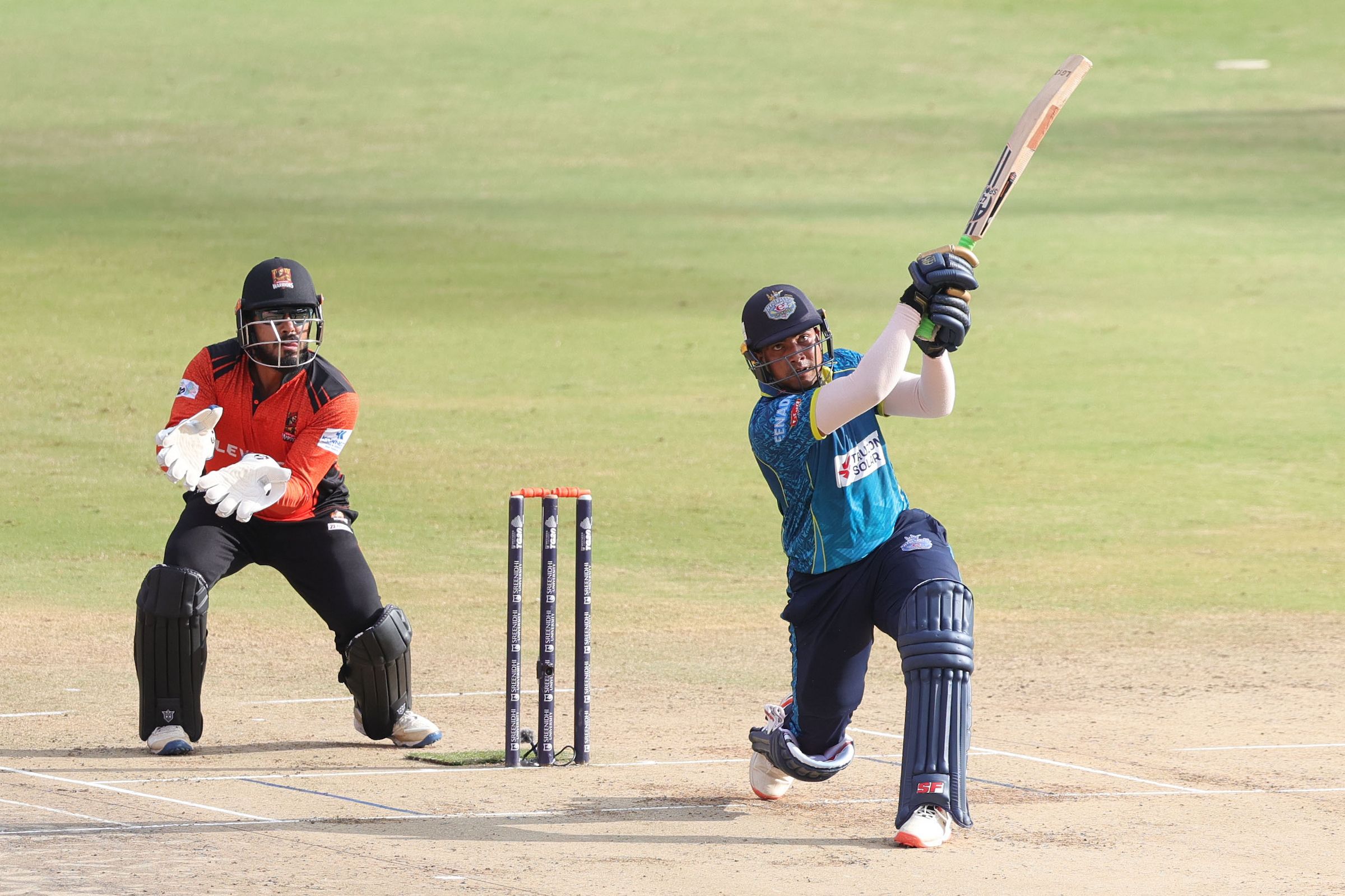 Ganesh Gadugu of Hyderabad E-Champions plays a shot during the Match 18 of the Sreenidhi University TG20 between Warangal Warriors and Hyderabad E-Champions at Rajiv Gandhi International Stadium