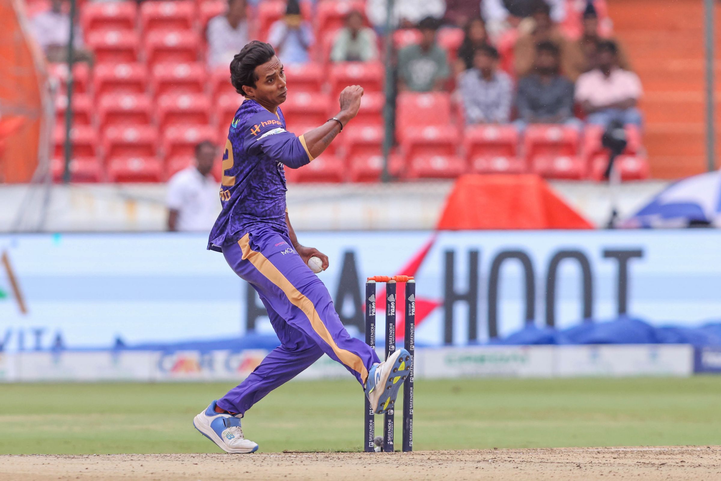 CV Milind, Captain of Anvita Khammam Aces bowls during the Match 23 of the Sreenidhi University TG20 between Anvita Khammam Aces and Ranga Reddy Risers