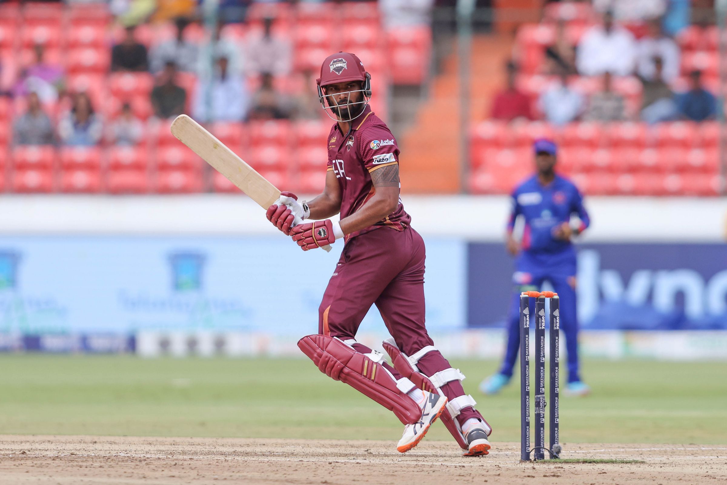 Chandan Sahani of EIPL and Eleve Karimnagar Diamonds plays a shot during the Match 20 of the Sreenidhi University TG20 between EIPL and Eleve Karimnagar Diamonds and Ranga Reddy Risers