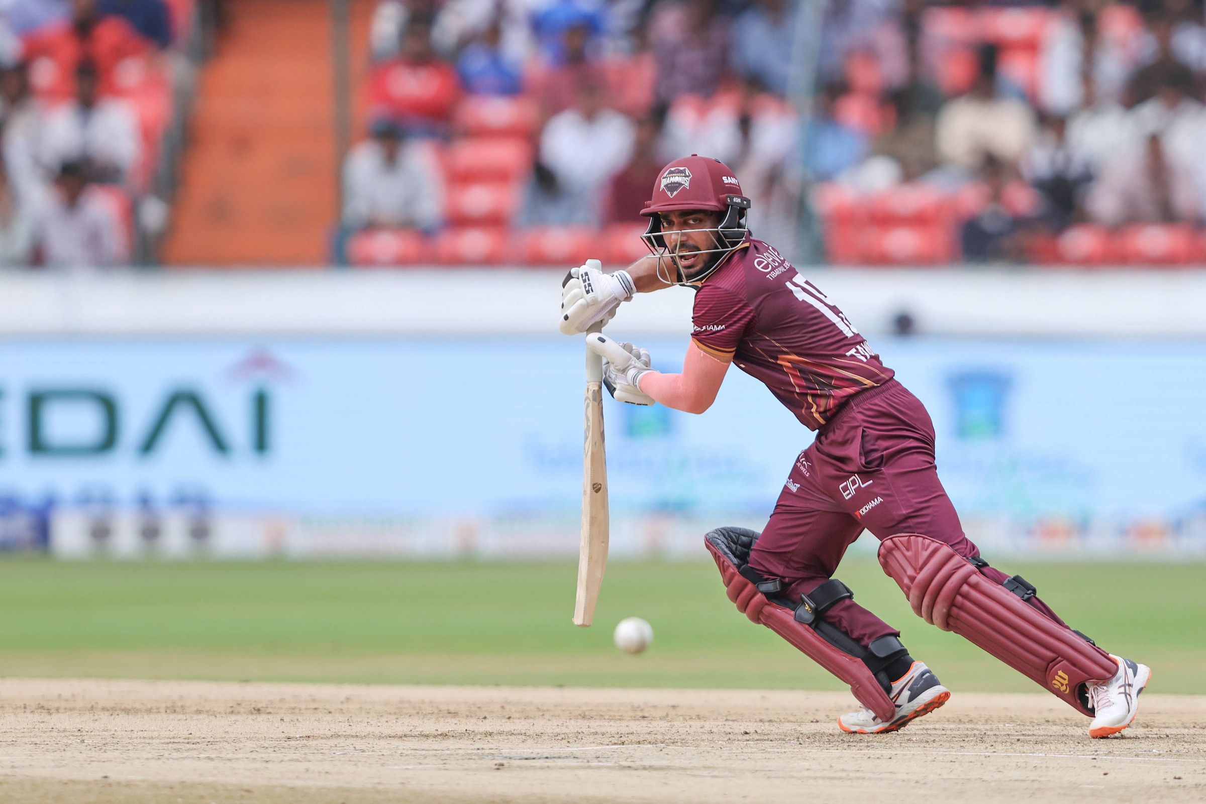 Tanmay Agarwal, Captain of EIPL and Eleve Karimnagar Diamonds plays a shot during the Eliminator of the Sreenidhi University TG20 between EIPL and Eleve Karimnagar Diamonds and Ranga Reddy Risers