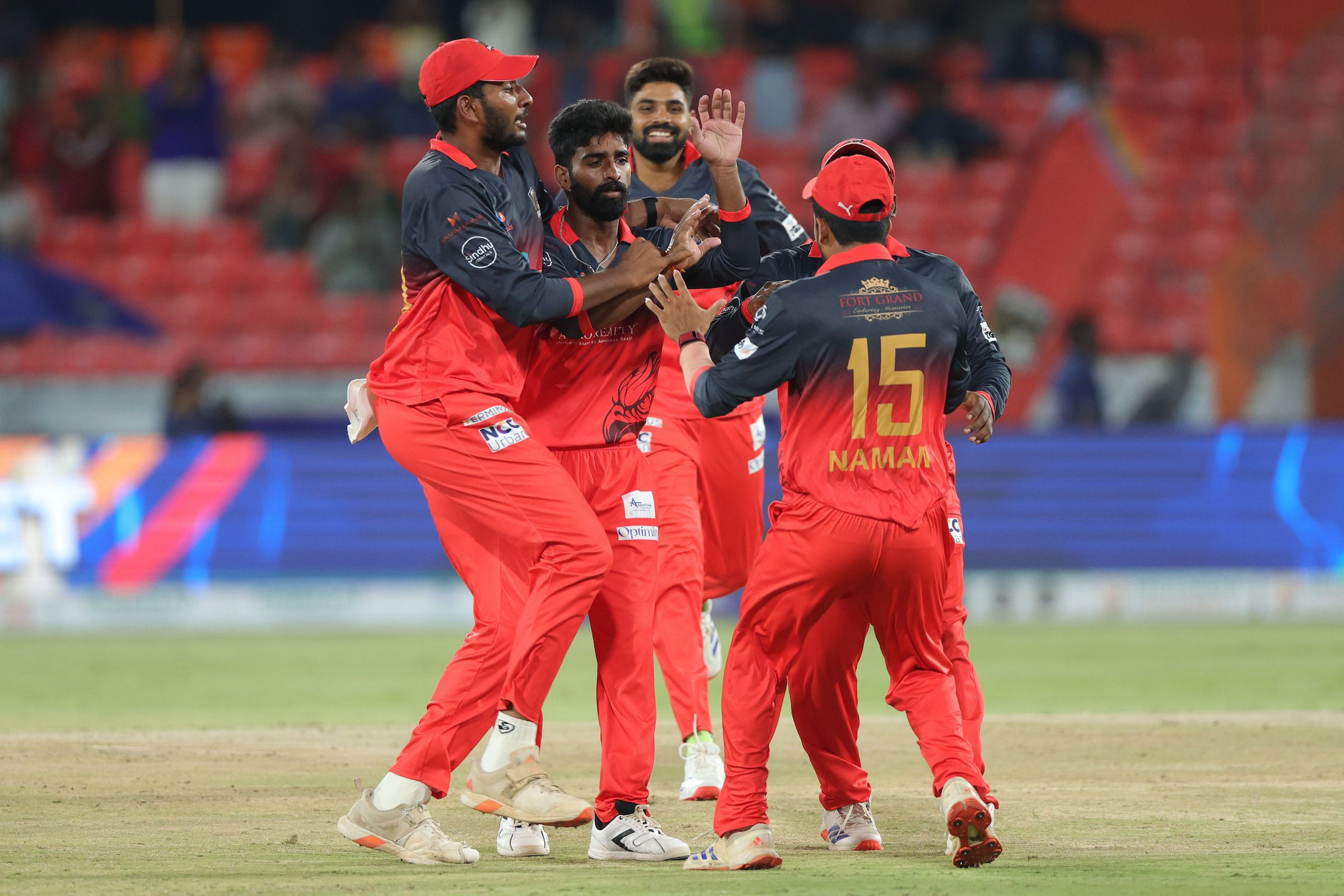Sai Varun Yerram of Medak Falcons celebrates the wicket of Karan Yadav of Palamuru Strikers during the Match 9 of the Sreenidhi University TG20 between Medak Falcons and Palamuru Strikers