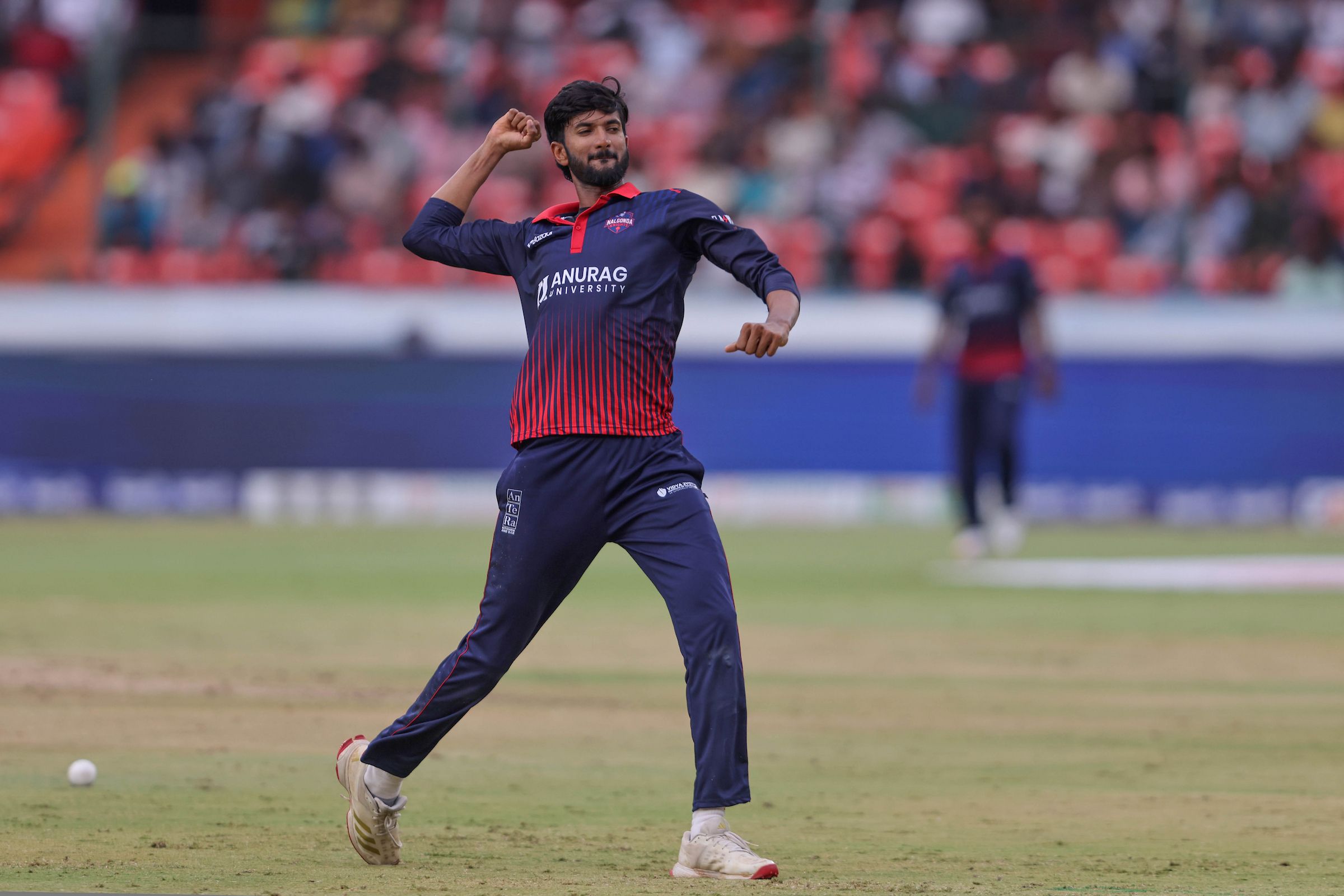 Varun Goud of Anurag Nalgonda Knights celebrates the wicket of Shaunak Kulkarni of Warangal Warriors during the Match 10 of the Sreenidhi University TG20 between Anurag Nalgonda Knights and Warangal Warriors