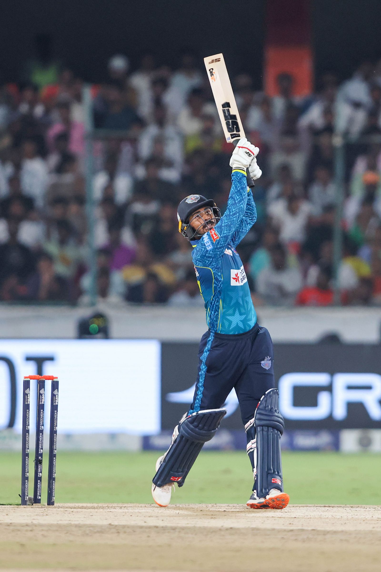 Abhirath Reddy, Captain of Hyderabad E-Champions plays a shot during the Final of the Sreenidhi University TG20 between Anvita Khammam Aces and Hyderabad E-Champions at the Rajiv Gandhi International Stadium(1)