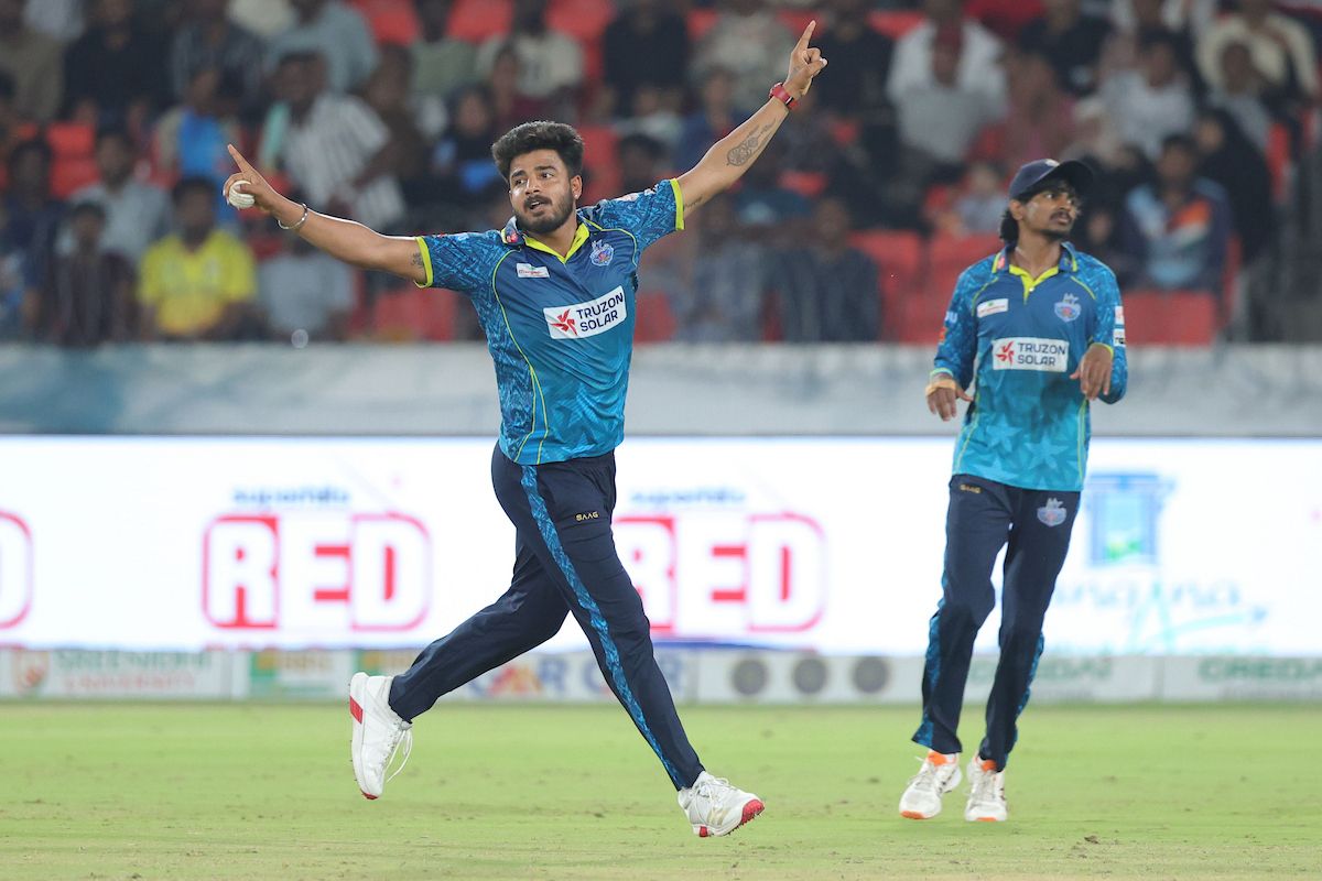 Akhil Rathod of Hyderabad E-Champions celebrates the wicket of Sahendra Mallu