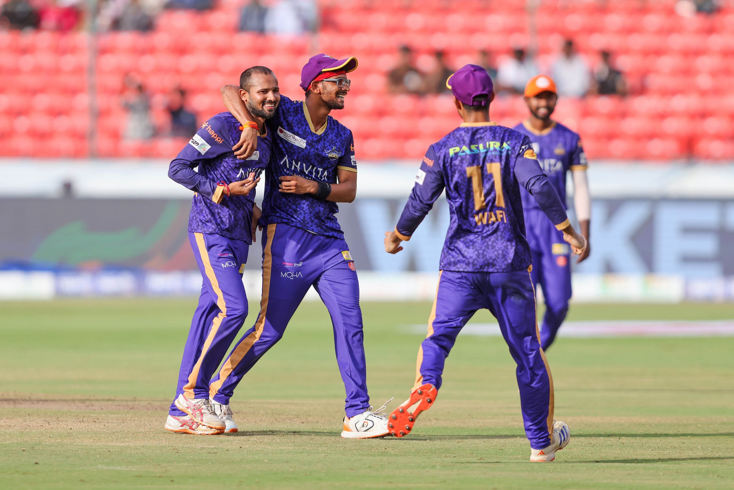 Anvita Khammam Aces players celebrates the wicket of Ravi Teja T, Captain of Medak Falcons during the Match 25 of the Sreenidhi University TG20 between Medak Falcons and Anvita Khammam Aces