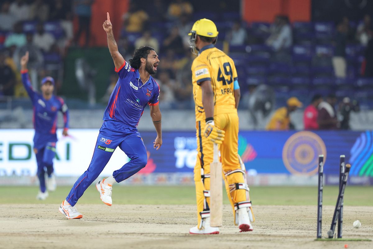 Aryan Cariappa of Ranga Reddy Risers celebrates the wicket of Mohammed Afreedi Ahmed of Palamuru Strikers