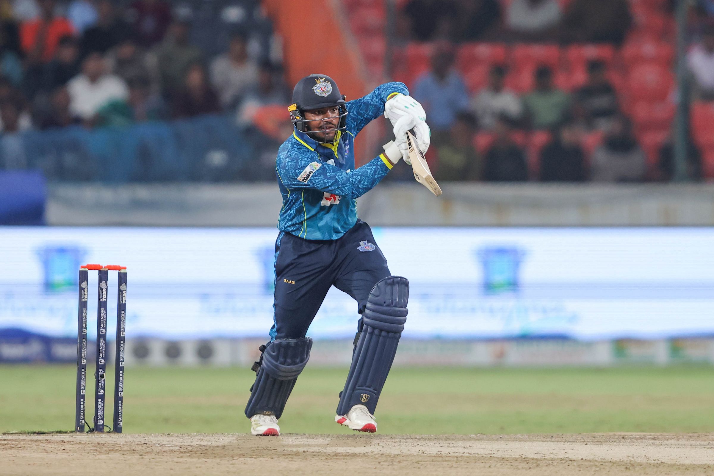 Sai Vikas Reddy plays a shot during the Qualifier 2 of the Sreenidhi University TG20 between Hyderabad E-Champions and EIPL and Eleve Karimnagar Diamonds