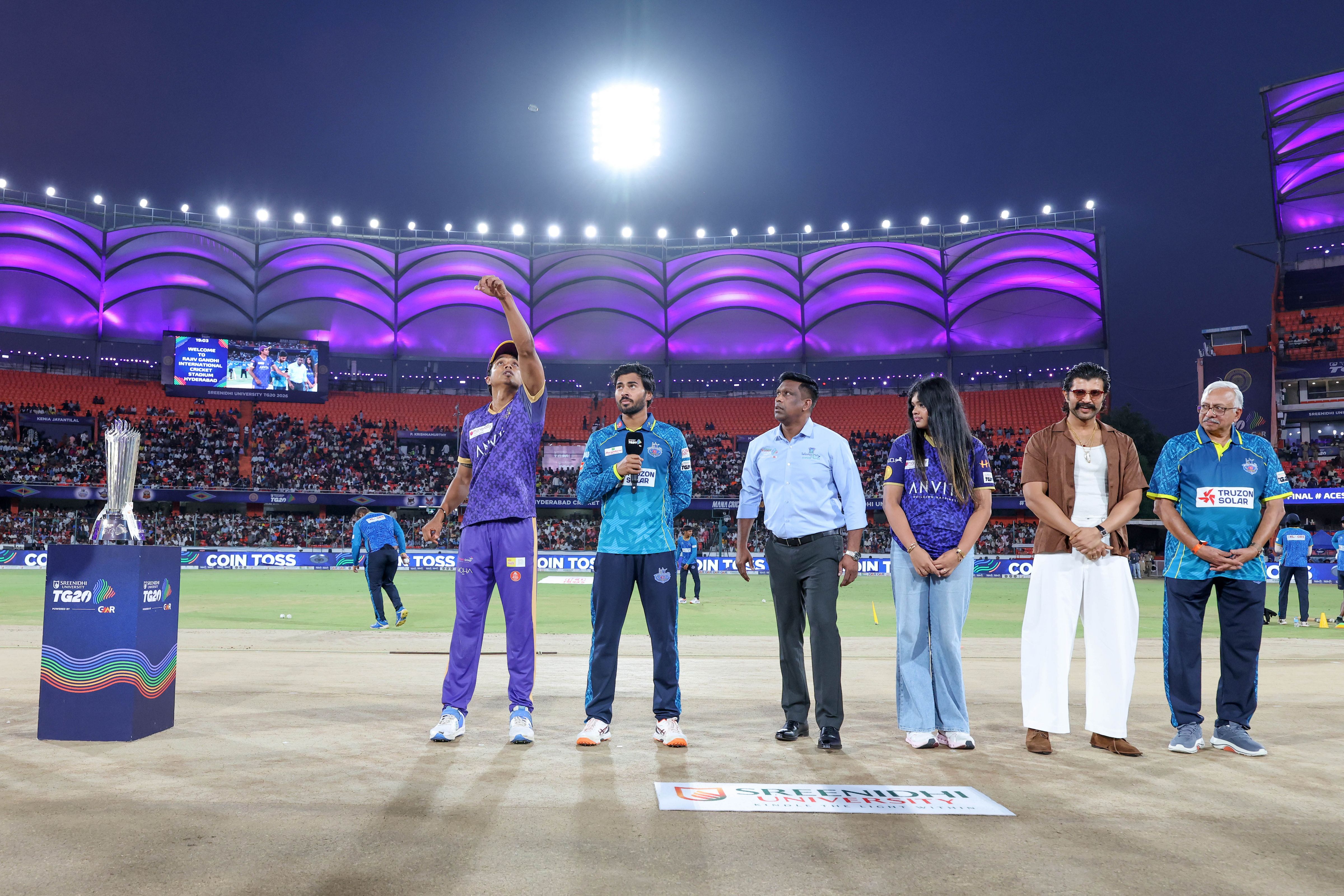 Chama Vrajendra Milind, Captain of Anvita Khammam Aces and Abhirath Reddy Mandadi, Captain Hyderabad E-Champions during the toss of the Final of the Sreenidhi University TG20