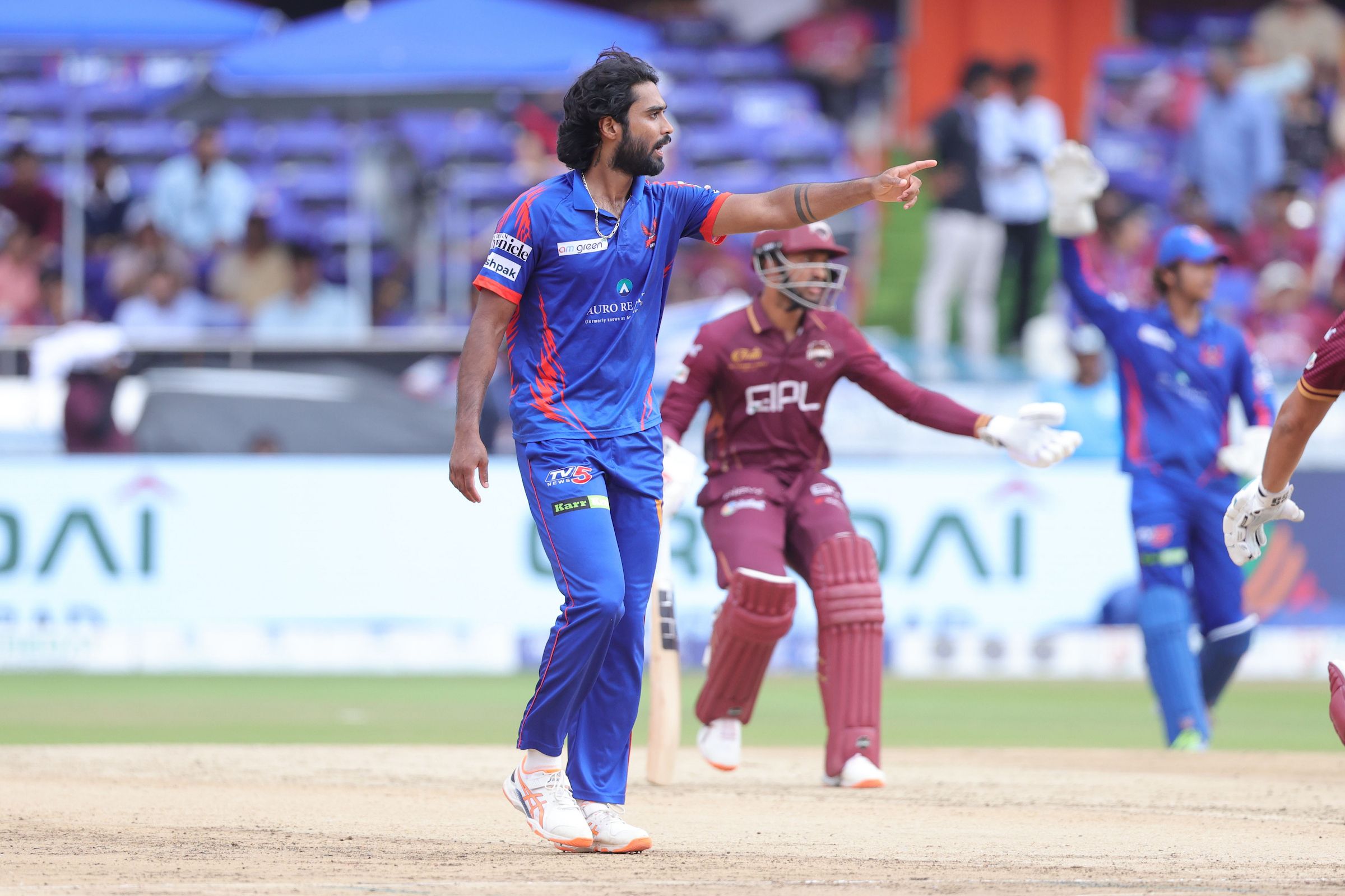 Aryan Cariappa of Ranga Reddy Risers during the Eliminator of the Sreenidhi University TG20 between EIPL and Eleve Karimnagar Diamonds and Ranga Reddy Risers