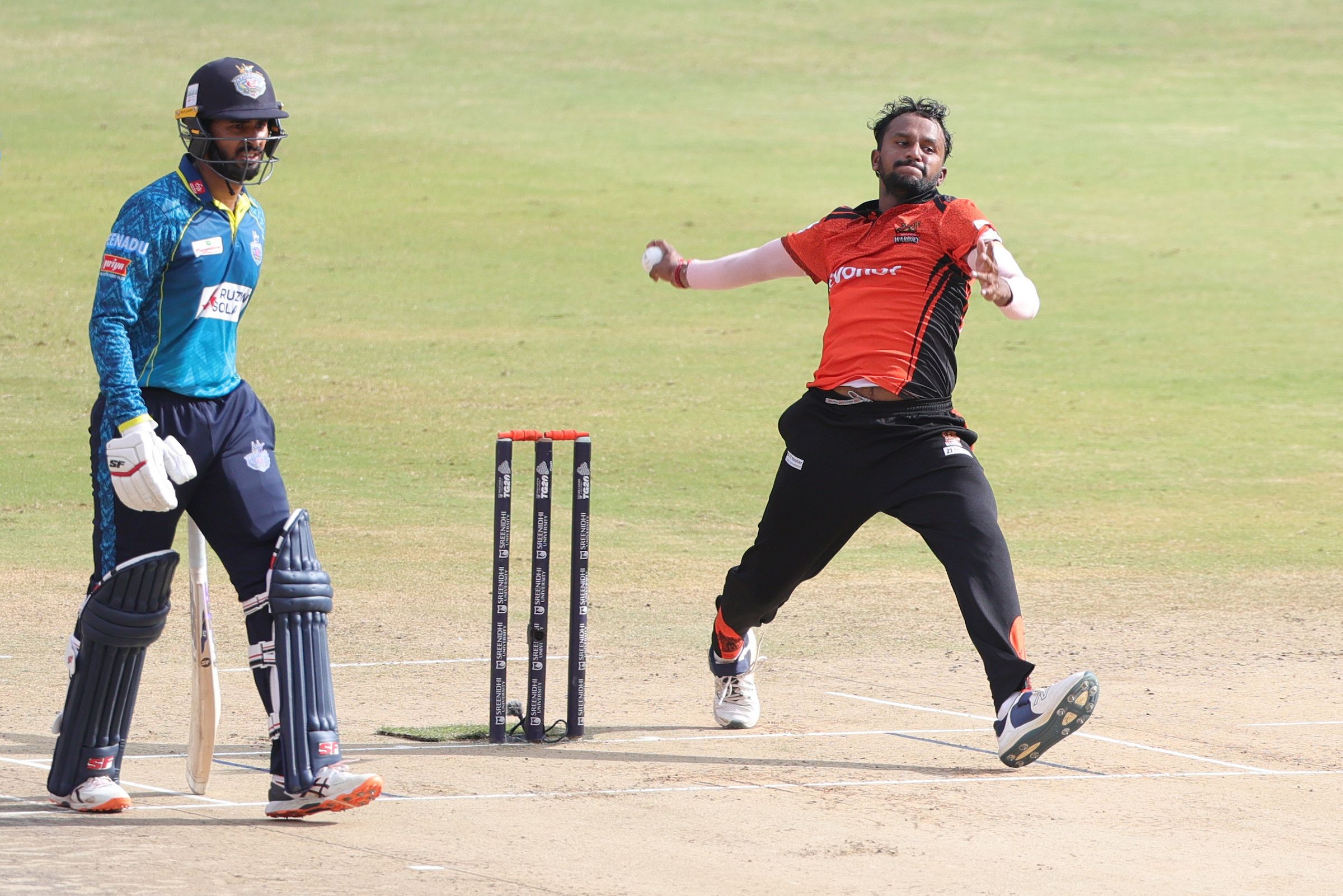 Pallepati Kranthi of Warangal Warriors bowls during the Match 18 of the Sreenidhi University TG20 between Warangal Warriors and Hyderabad E-Champions at Rajiv Gandhi International Stadium