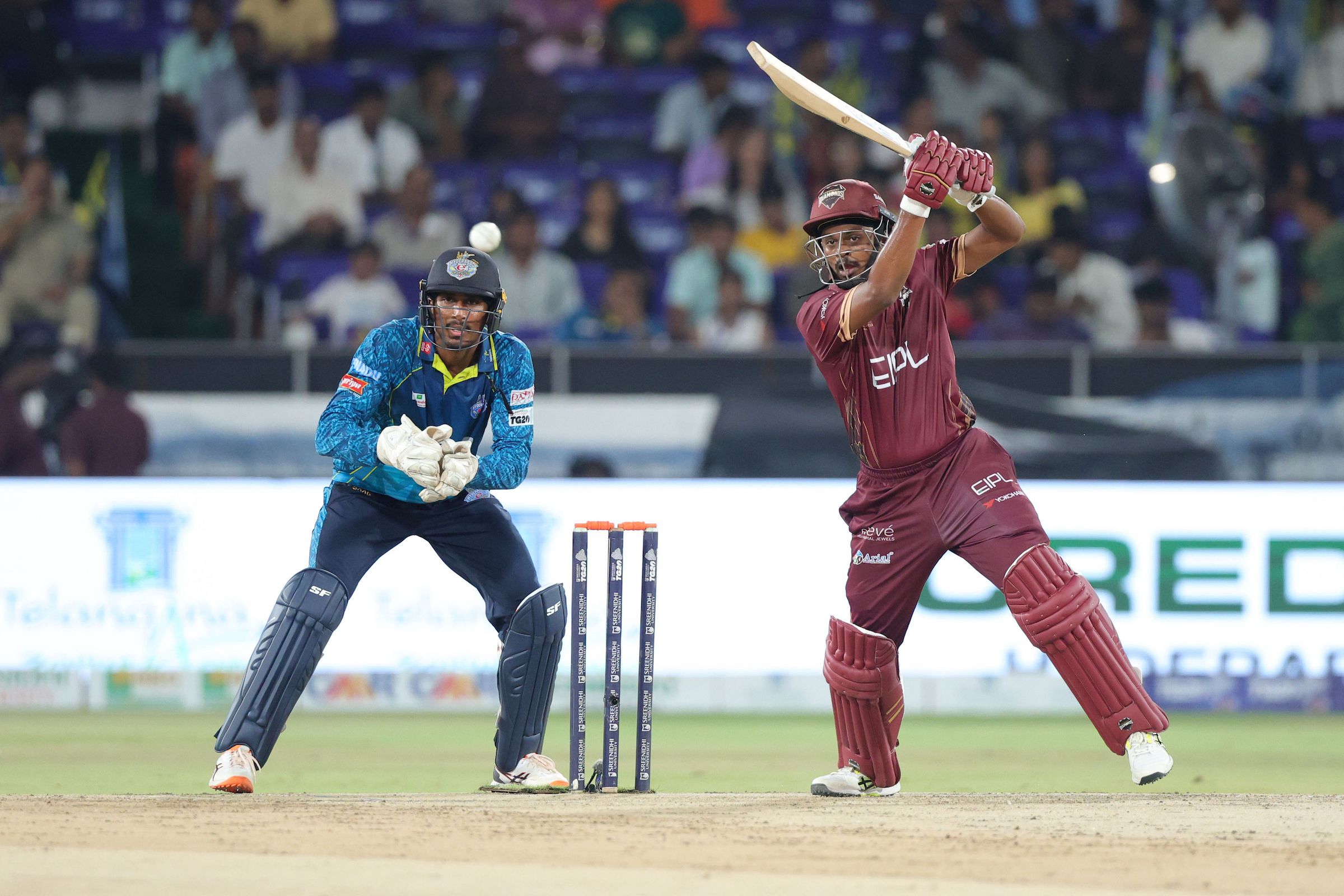 Hrishikesh Simha plays a shot during the Qualifier 2 of the Sreenidhi University TG20 between Hyderabad E-Champions and EIPL and Eleve Karimnagar Diamonds