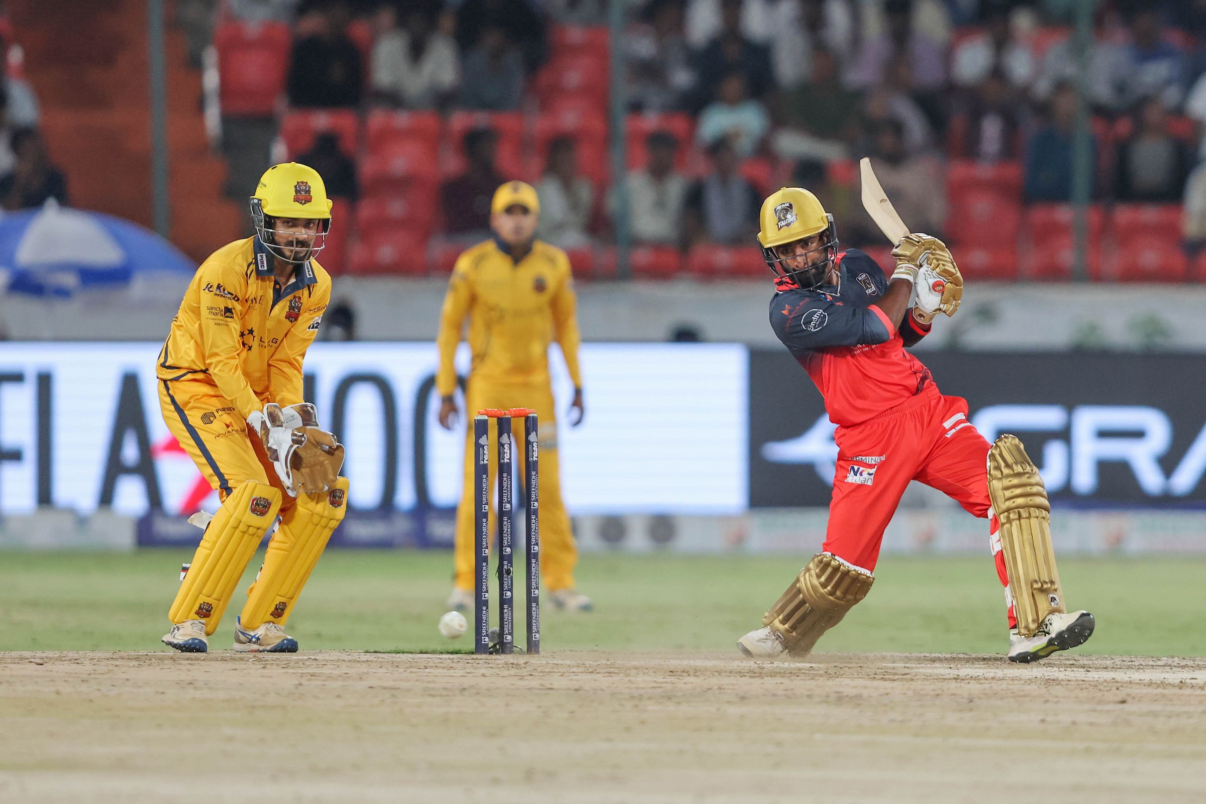 Sai Varun Yerram of Medak Falcons plays a shot during the Match 9 of the Sreenidhi University TG20 between Medak Falcons and Palamuru Strikers at Rajiv Gandhi International Stadium
