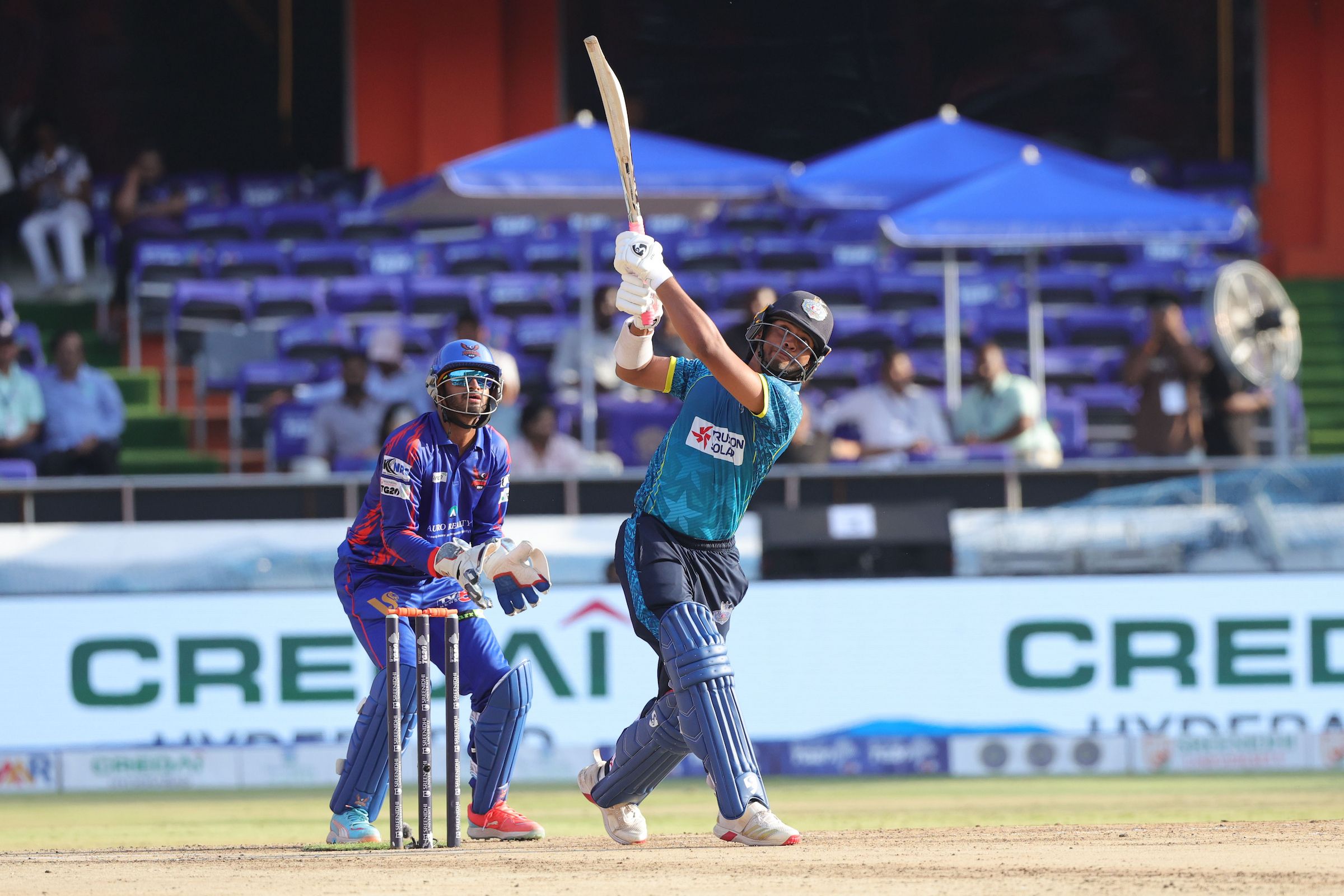 Yashveer Goud of Hyderabad E-Champions plays a shot during the Match 8 of the Sreenidhi University TG20 between Hyderabad E-Champions and Ranga Reddy Risers at Rajiv Gandhi International Stadium
