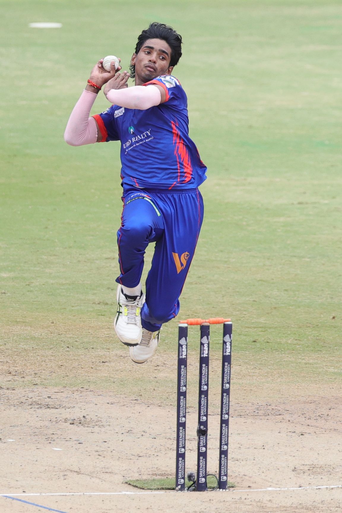 Tanay Jaddu of Ranga Reddy Risers bowls during the Match 20 of the Sreenidhi University TG20 between EIPL and Eleve Karimnagar Diamonds and Ranga Reddy Risers