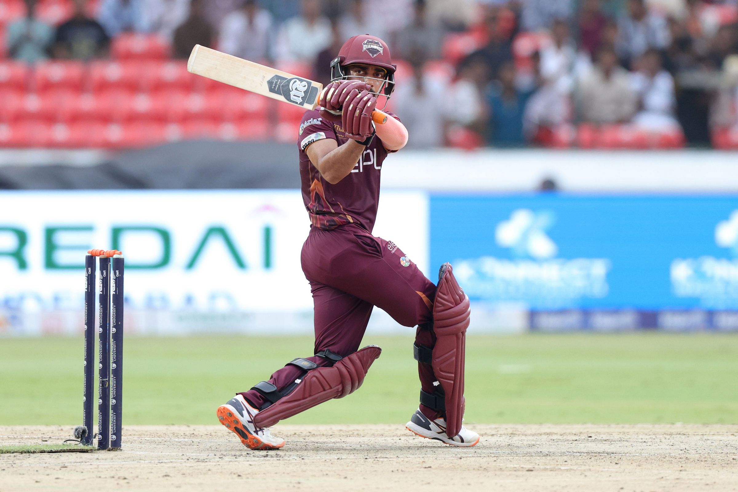 Tanmay Agarwal, Captain of EIPL and Eleve Karimnagar Diamonds plays a shot during the Match 14 of the Sreenidhi University TG20 between Warangal Warriors and EIPL and Eleve Karimnagar Diamonds