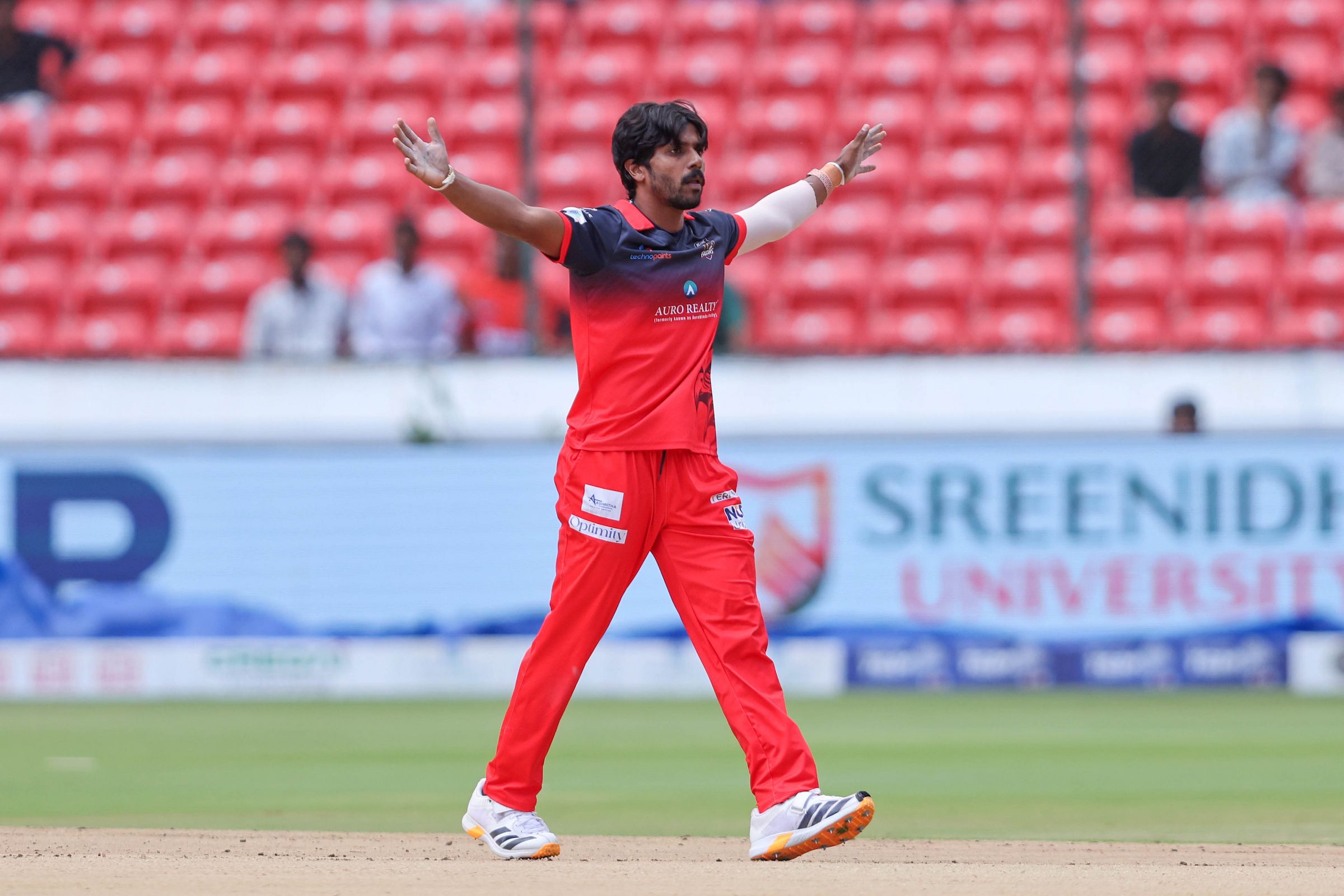Ravi Teja T, Captain of Medak Falcons celebrates the wicket of Gsk Reddy of Anvita Khammam Aces during the Match 25 of the Sreenidhi University TG20 between Medak Falcons and Anvita Khammam Aces
