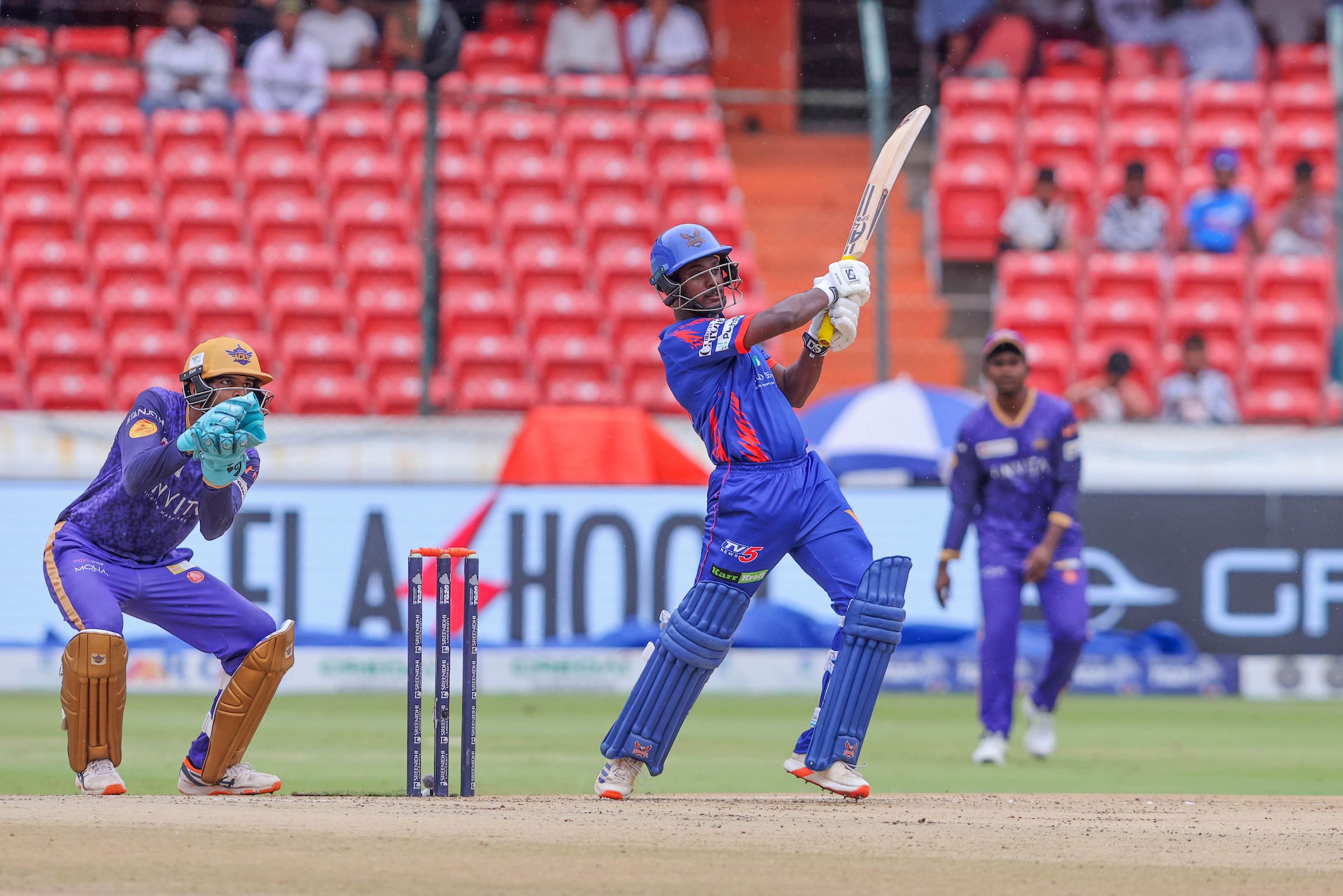 Aditya Javvaji of Ranga Reddy Risers plays a shot during the Match 23 of the Sreenidhi University TG20 between Anvita Khammam Aces and Ranga Reddy Risers