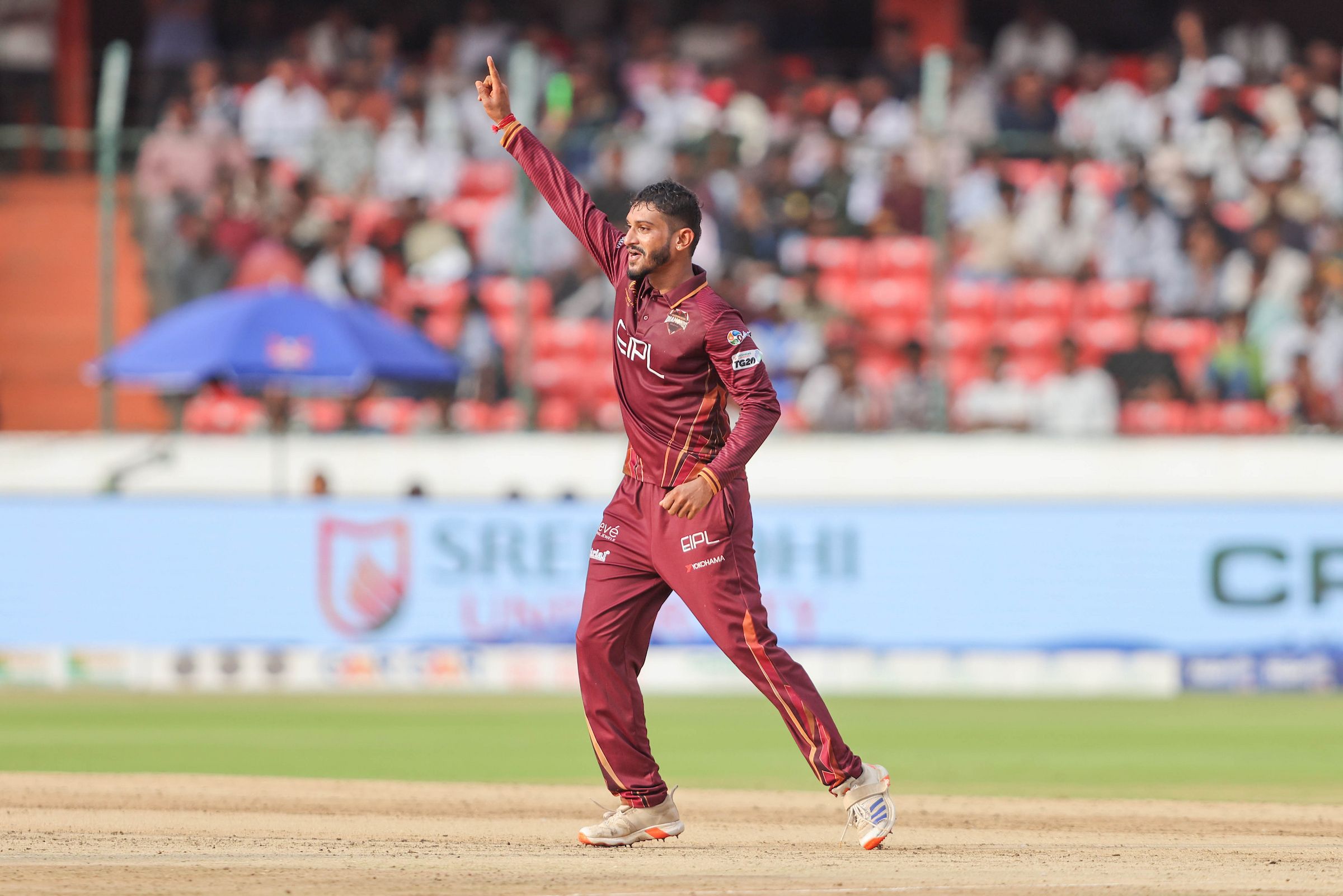 Ashish Srivastav of EIPL and Eleve Karimnagar Diamonds celebrates the wicket of T Arun Kumar of Ranga Reddy Risers during the Eliminator of the Sreenidhi University TG20