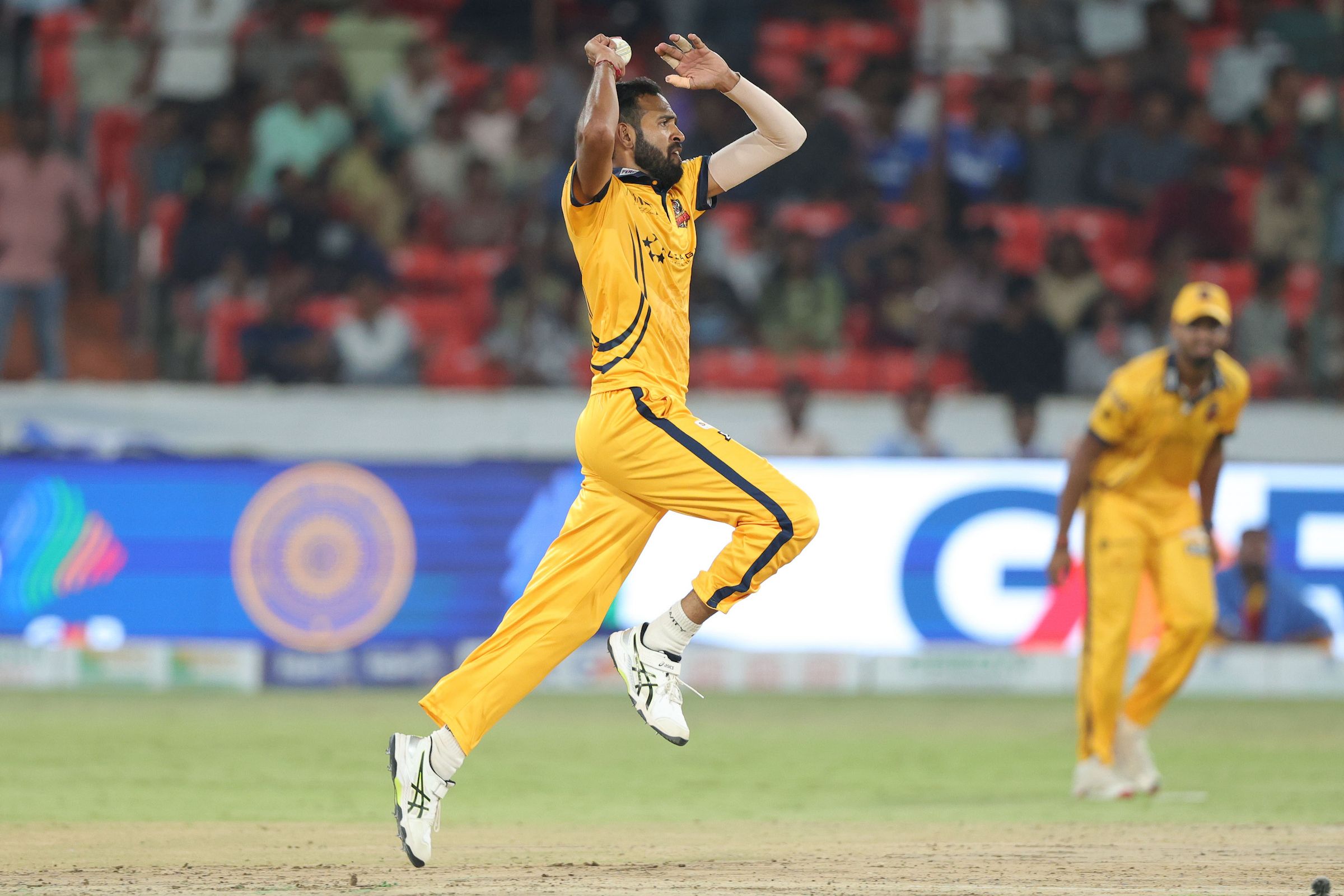 Ravi Kiran Majeti of Palamuru Strikers bowls during the Match 9 of the Sreenidhi University TG20 between Medak Falcons and Palamuru Strikers at Rajiv Gandhi International Stadium